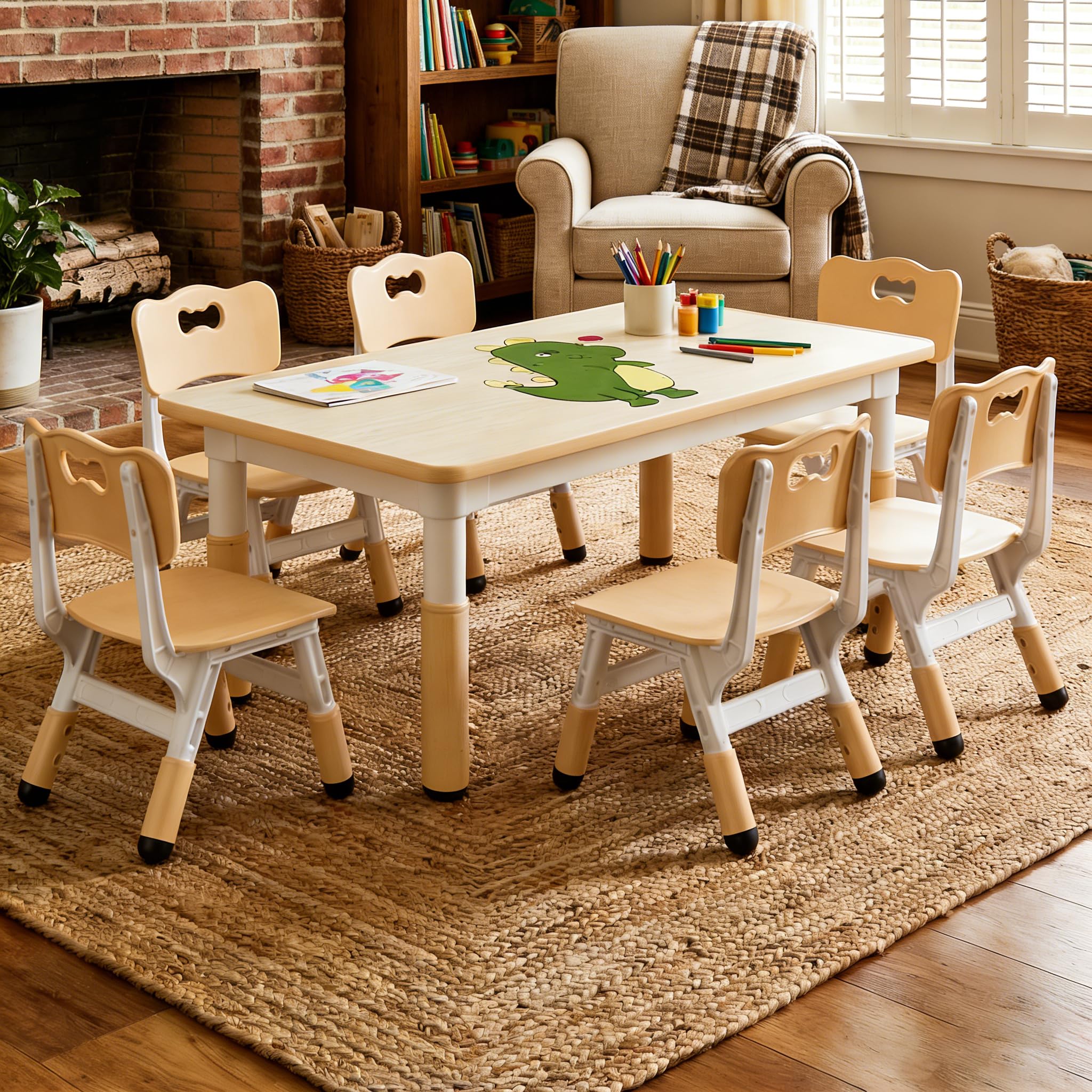 IDEALHOUSE Kids Table and 6 Chairs Set, Height Adjustable Toddler Table and Chair Set, Graffiti Desktop, Children Study Table for 6 for Home Daycare Preschool for Ages 2-10, Wood Color
