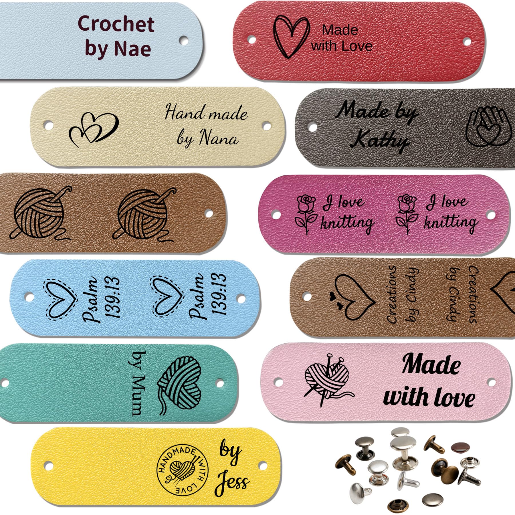 Personalized Leather Tags for Crochet Items 2.5 x 0.8 inch Customized Labels with Rivets, Cute Handmade Labels for Crochet and Knitting Projects (Widen)