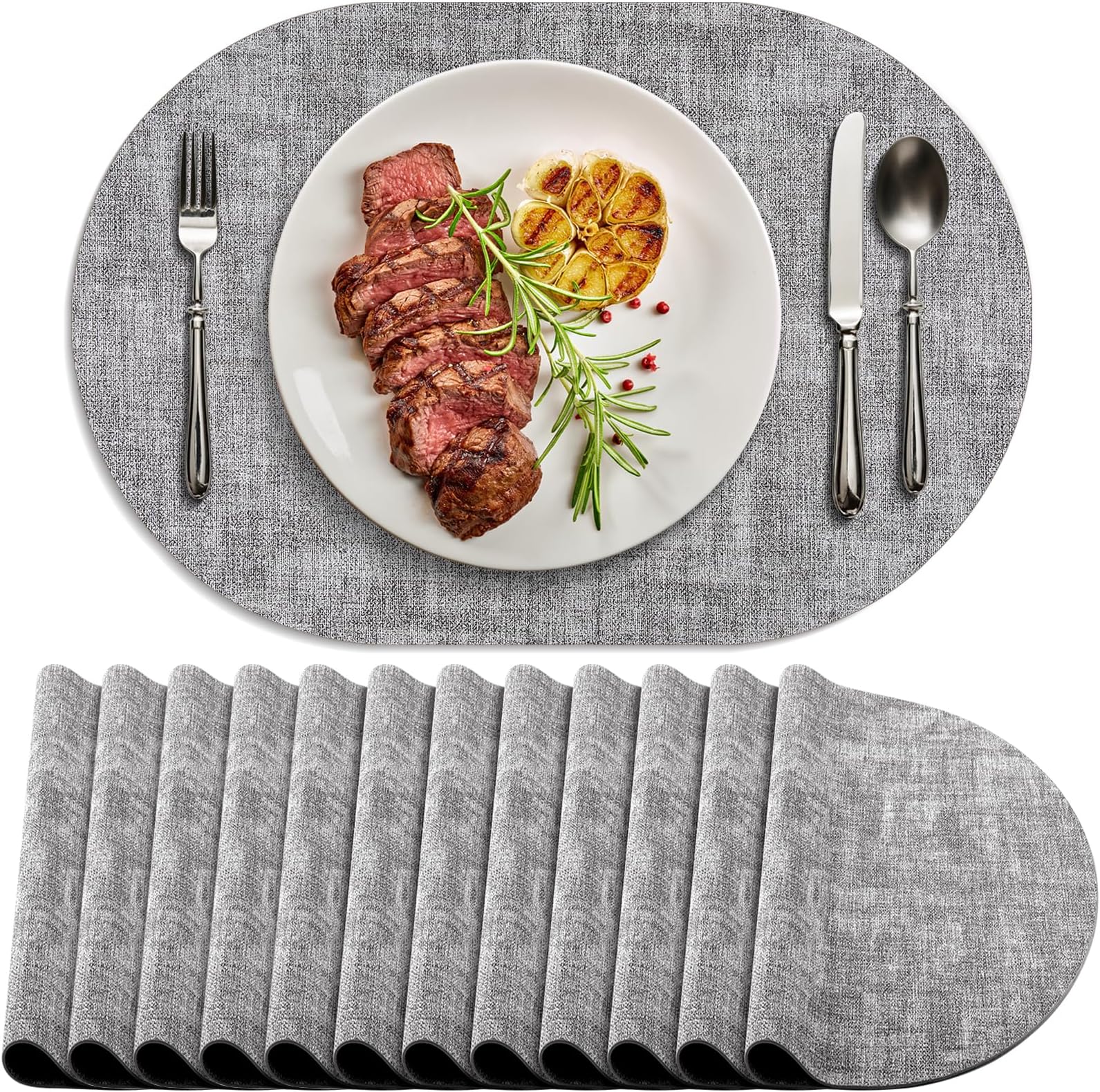 Placemats Set of 12 Washable, Heat Resistant Table Placemats Wipeable Faux Leather Oval Place Mats Non Slip, Waterproof Oval Table Mats for Indoor Outdoor, Gray