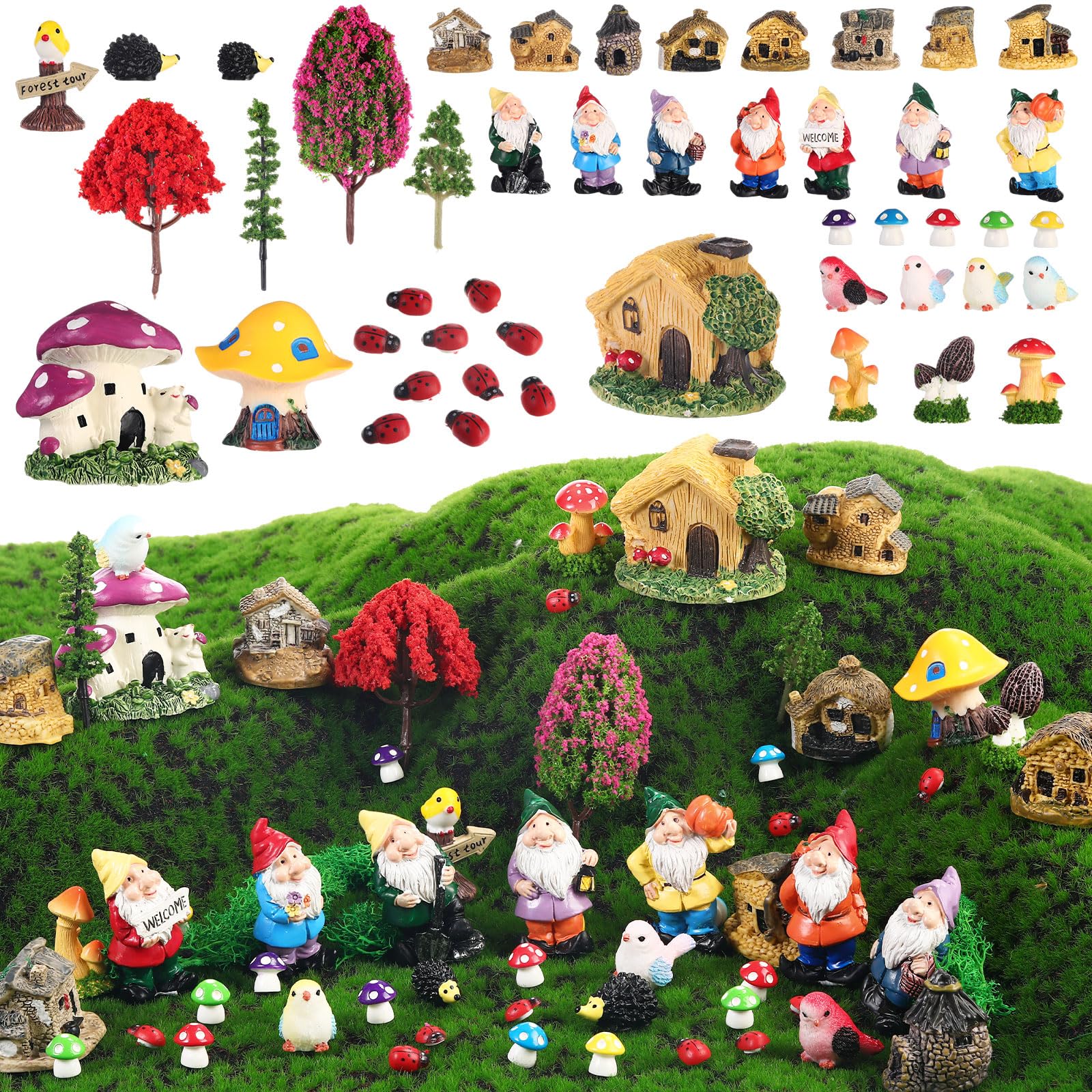58 Pcs Miniature Garden Set Gnome Mushrooms Animals Fairy House Diorama Supplies Fairy Village Mini Terrarium Figurines Micro Landscape Ornament Mixed Tree for DIY Garden Succulent Dollhouse decor