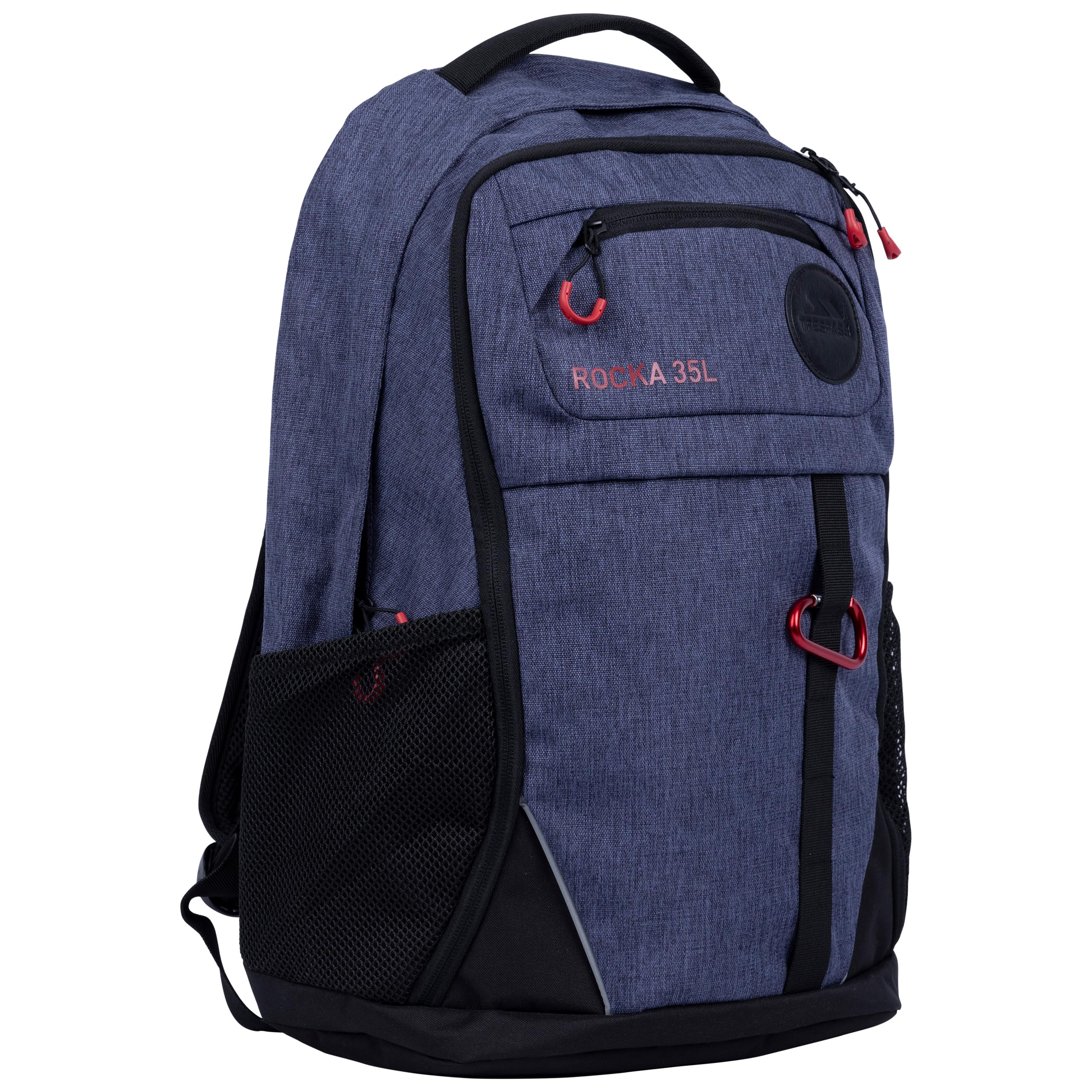 Trespass Unisex Backpack Rocka - 35L, 3 Zip Sections, Padded Back and Shoulder Straps, Laptop Compartment, Dual Stretch Mesh Pockets, Carabiner Clip, Attachment Loops, Polyester