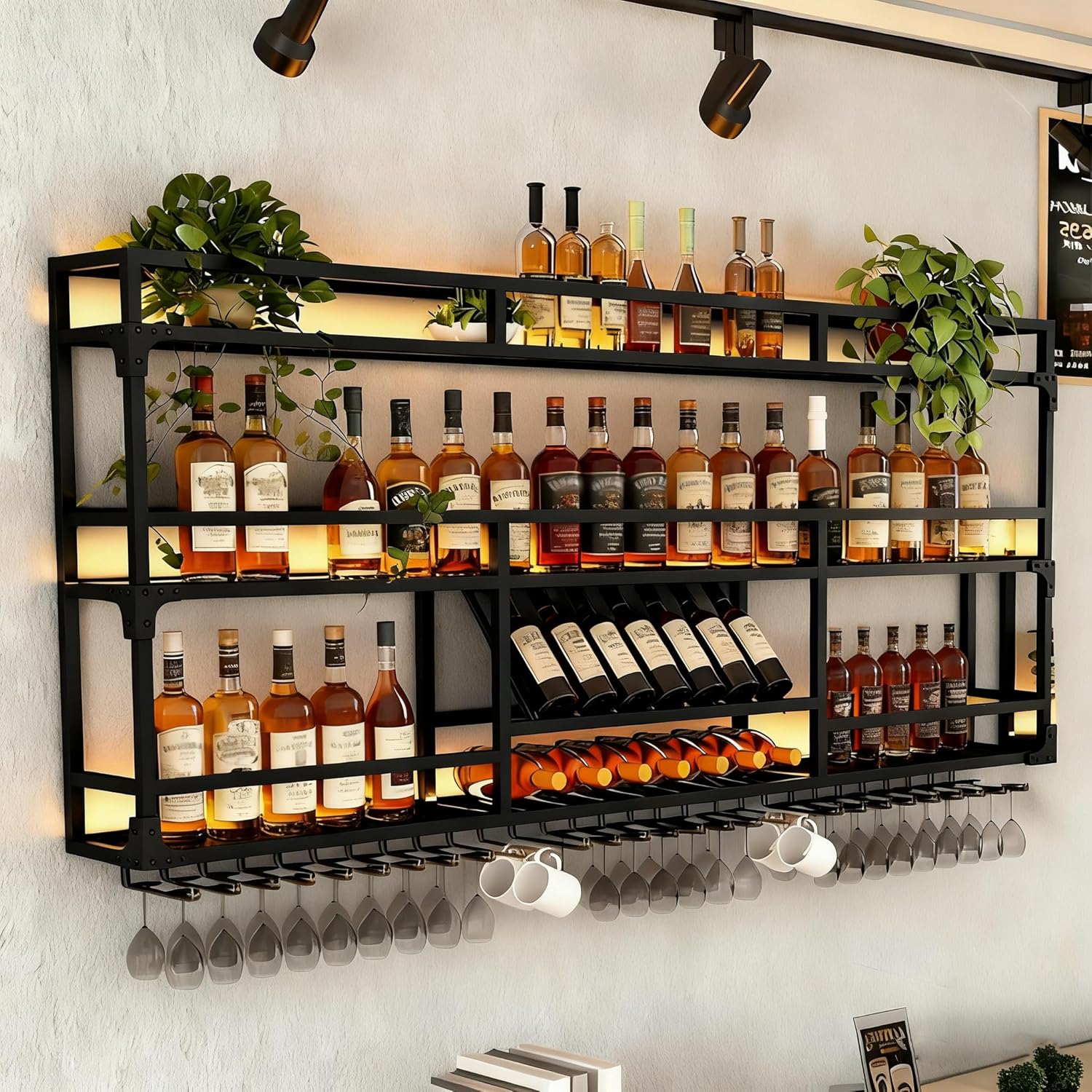 39in Wall Mounted Wine Rack with LED Lights, Floating Industrial Liquor Glass Holder 3 Tiers, Large Metal Wine Bottle Display Rack Hanging Shelf, for Home Bar Dining Room Decorative