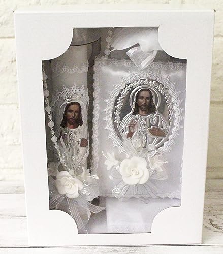 Miniatura 2 de Elegante hecho a mano 5 piezas Jesús Foil Picture Lace Bautismo Bautizo Conchas Juego de velas Favores Chica Niño Blanco Conjunto de Bautizo Español