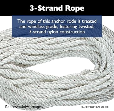 Lewmar Boat Anchor Rode for Windlasses - 15' 1/4 G4 Chain, 200' 1/2 Rope with 5/16 Shackle, High-Test-Rated Galvanized Links, Hand-Sewn Whipping