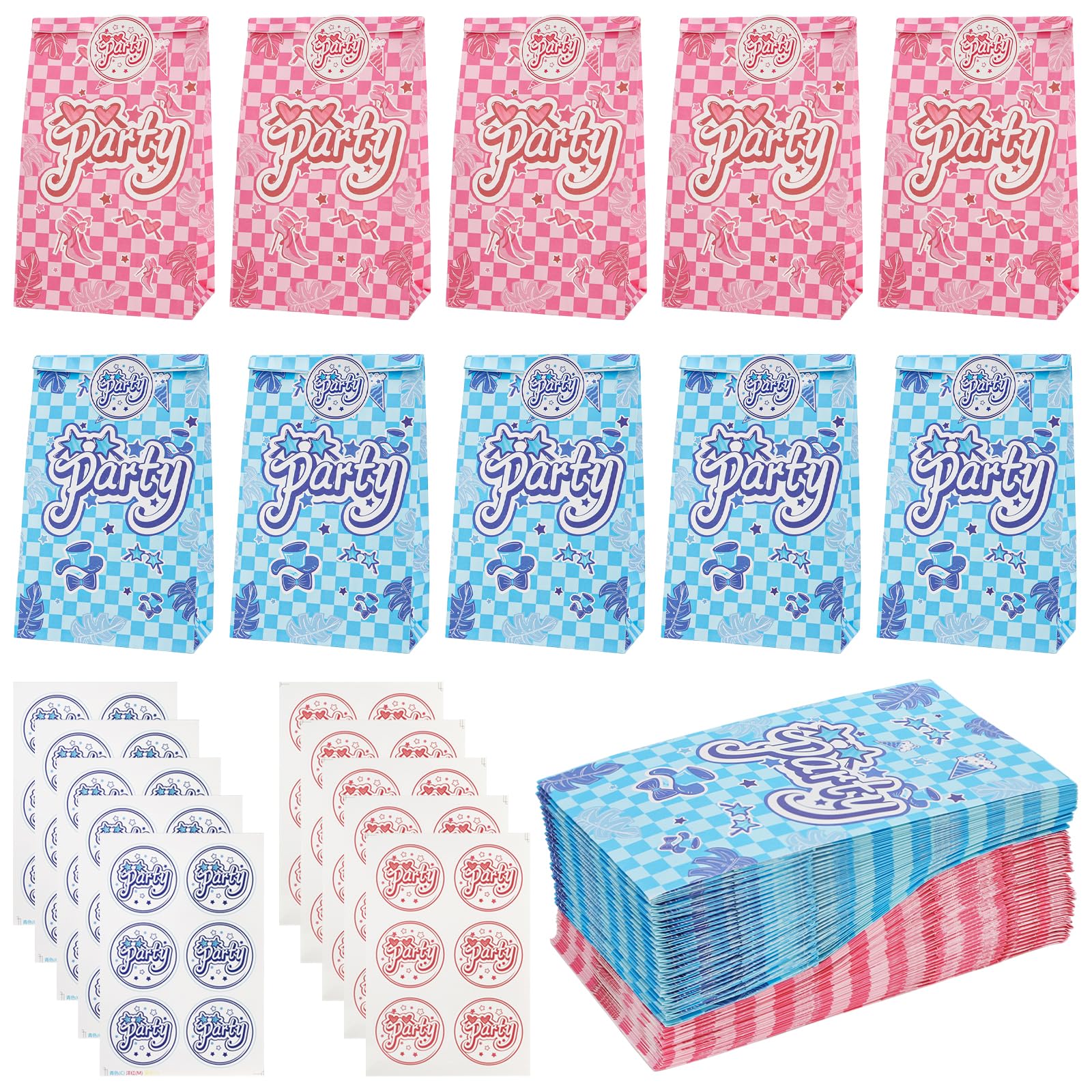 Suwimut 60 Pack Goodie Bags with Stickers, 5.1 x 3.1 x 8.6 Inches Pink and Blue Birthday Party Favor Bags, Small Gift Bag Paper Treat Bag for Girls Boys Kids Birthday Party, Baby Shower, Halloween