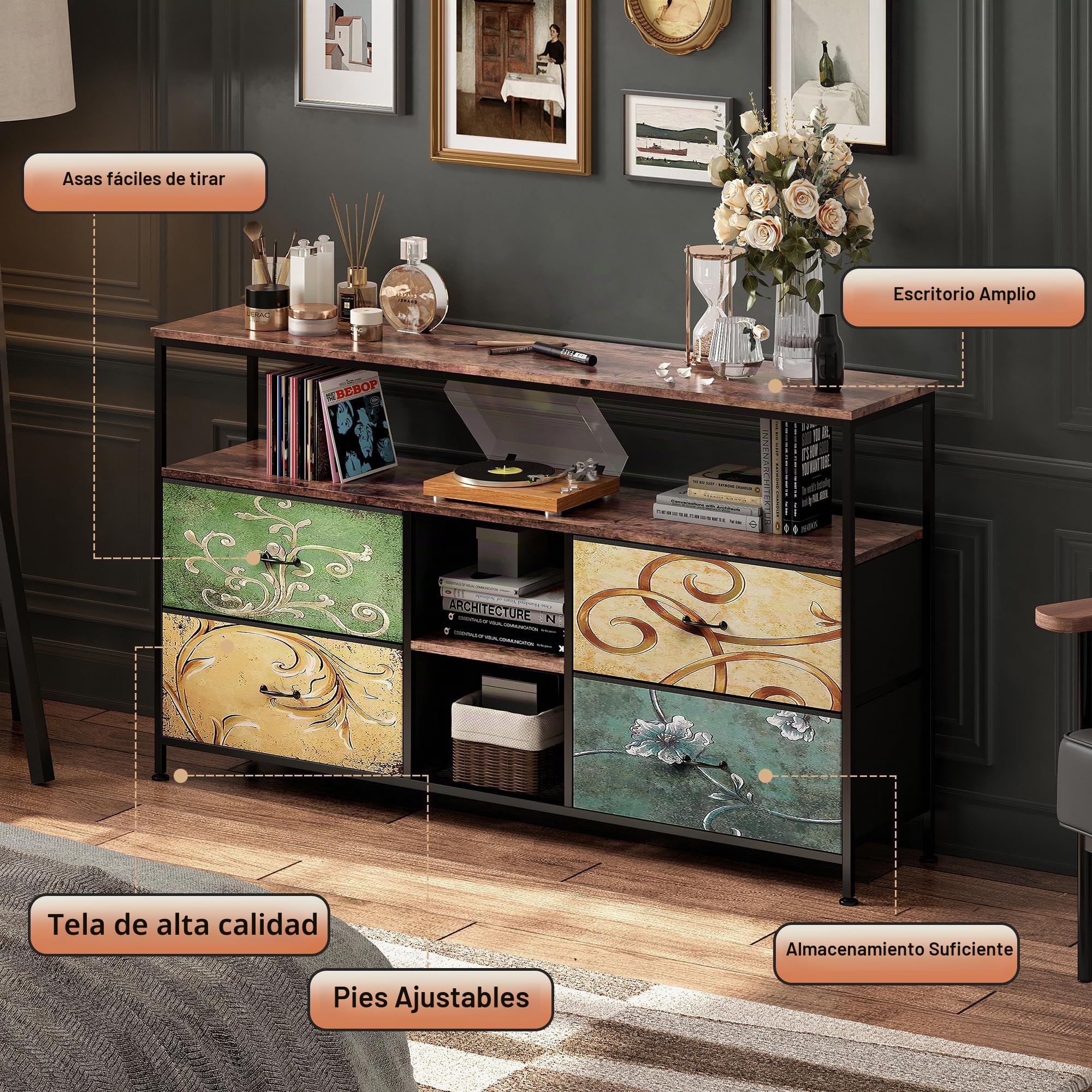 Mueble TV de 108 cm, mueble de TV industrial con 4 cajones, mesa TV, salón, muebles, tele LED, madera, banco de TV, tela, cajones, marco de acero, mueble de almacenamiento industrial dormitorio (4