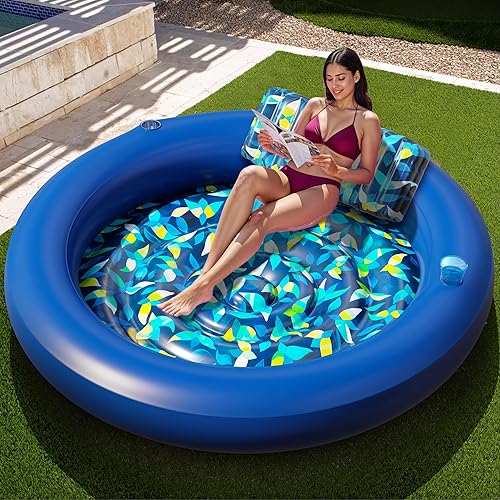 Miniatura 12 de JAMBO Flotador inflable para bronceado en piscina, 70 x 47 pulgadas, flotador de bronceado en piscina con almohada, balsa de agua para relajarse,