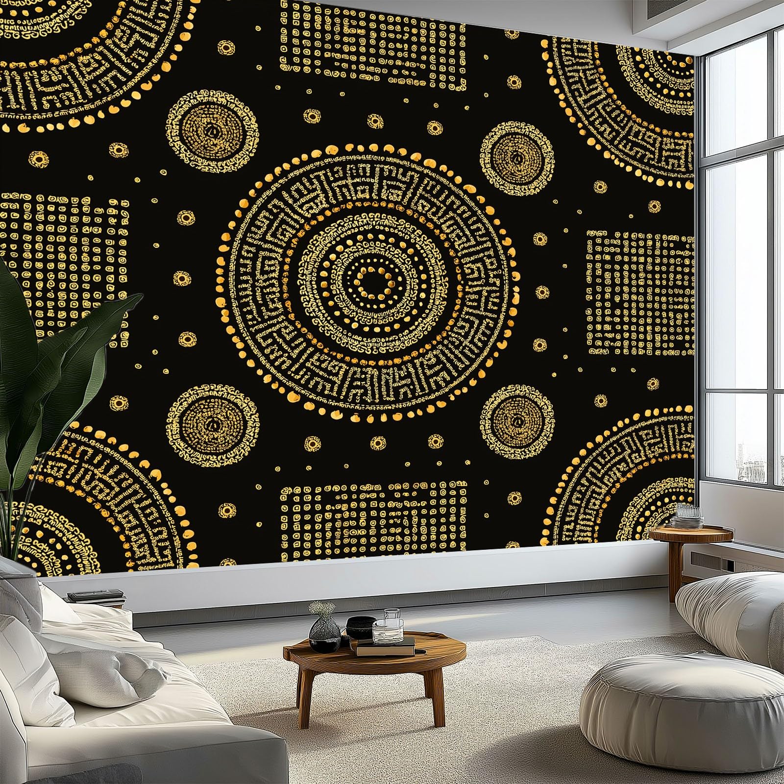 Geometryczna tapeta plemienna panoramiczna w kropki, okrąg etniczny 200 x 140 cm, czarny, gigantyczny plakat ścienny, efekt 3D Trompe l'oko, dekoracja ścienna do salonu, pokoju dziecięcego i jadalni