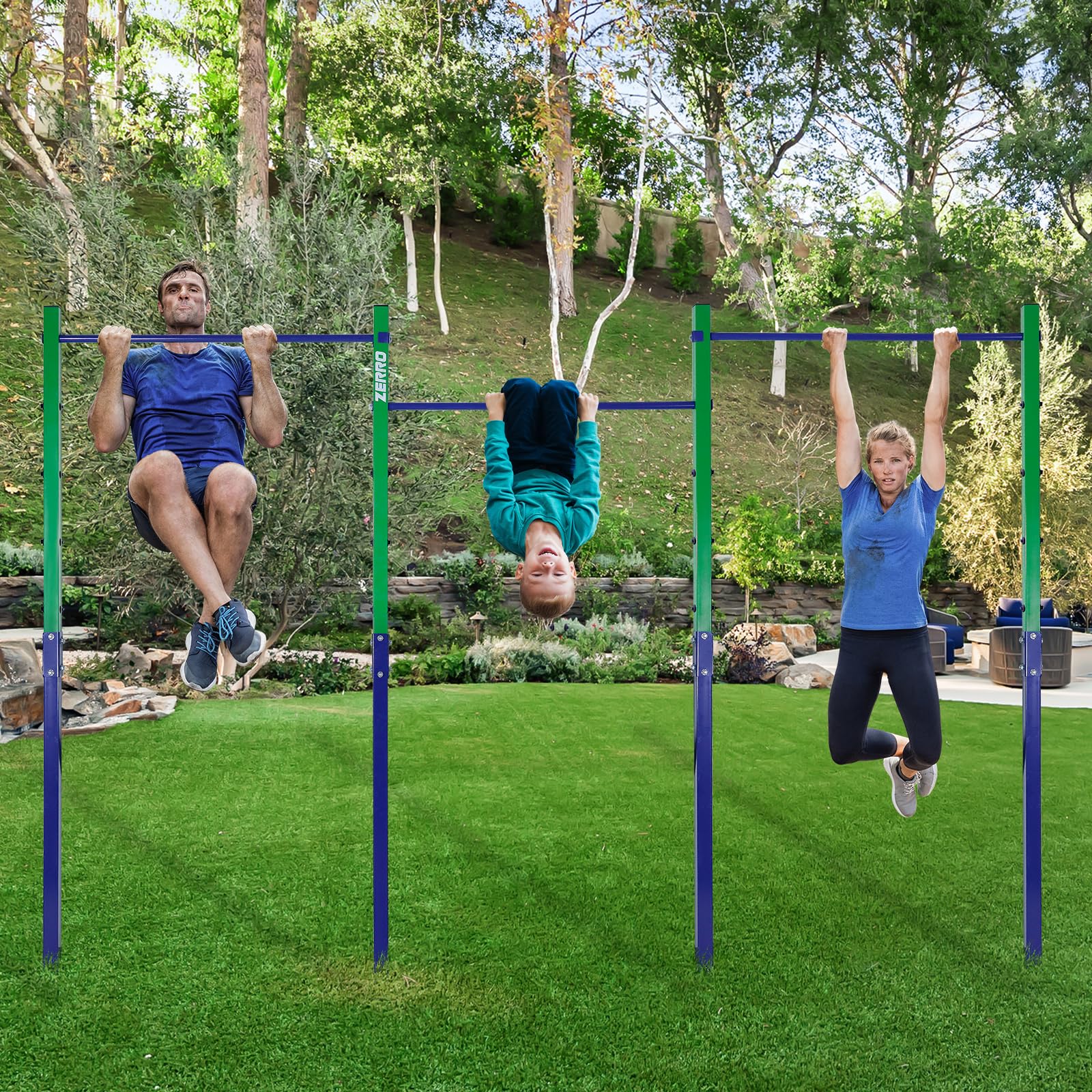 ZERRO Barre de Gymnastique Jardin Charge 150 kg, Barre asymétrique Gymnastique, Barre d'escalade réglable en Hauteur pour Usage extérieur en Vert-Bleu