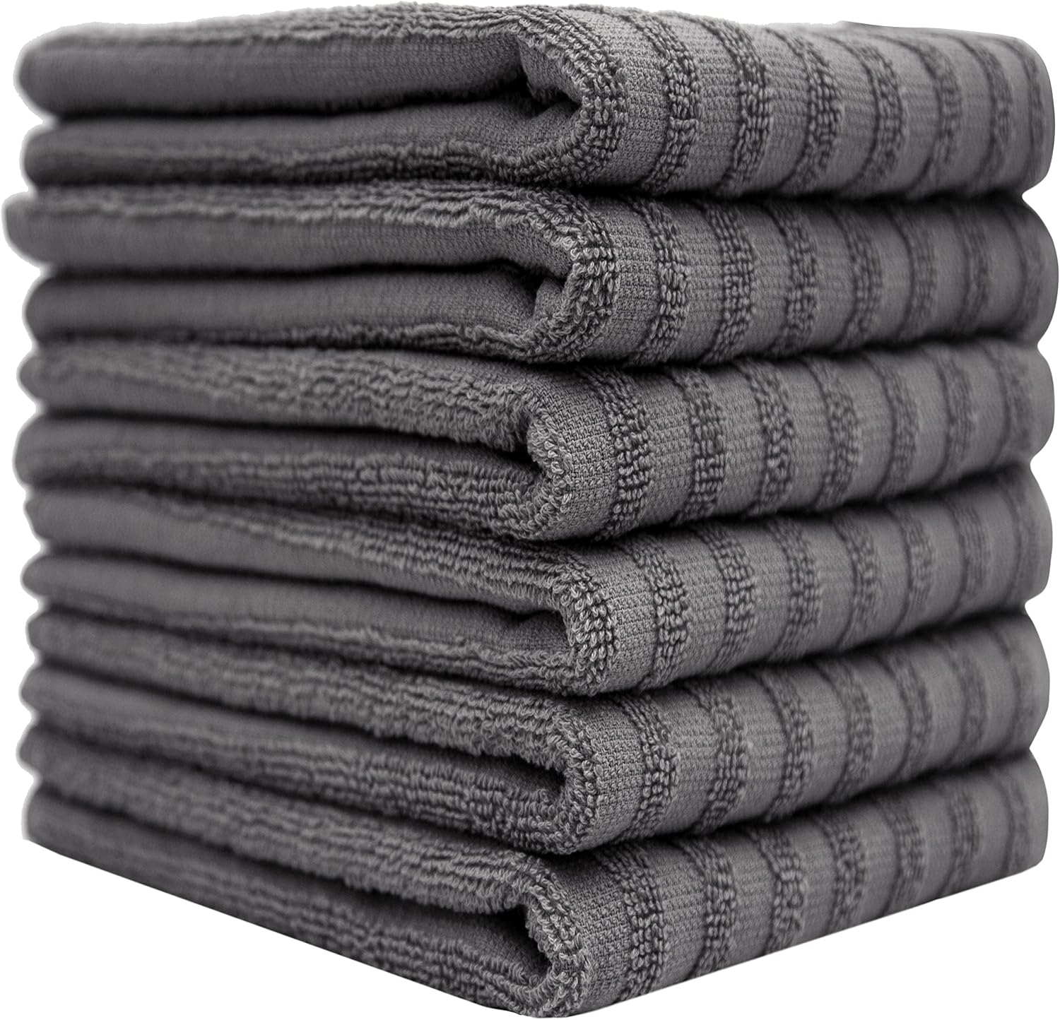 Microfresh Kitchen Towels (16”x 27”, 6 Pack) – Large Cotton Kitchen Hand Towels – Striped Design - 410 GSM Highly Absorbent Tea Towels Set with Hanging Loop (Grey, Striped)