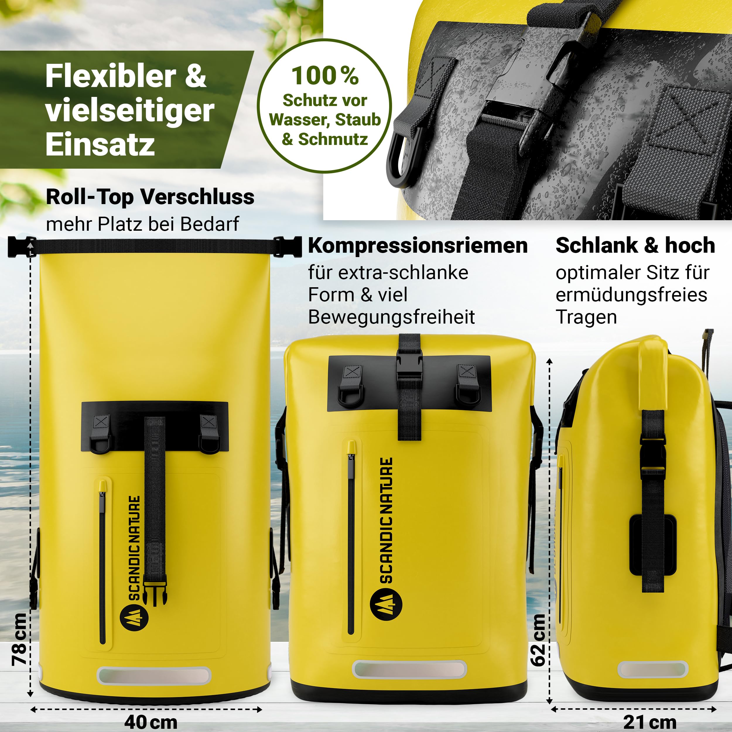 PIONEER wasserdichter Rucksack mit Rolltop Verschluss 35L 55L schwarz gelb oliv-grün - extra robust dank Boden mit 1000D PVC LKW-Plane, 3 Reflektor-wasserfeste IPX8 Handyhülle