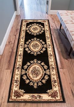 Pastoral Medallion Black French European Formal Traditional 2x7 23" X 73" Runner Rug Stain / Fade Resistant Contemporary Floral Thick Soft Plush Hallway Entryway Living Dining Room Area Rug