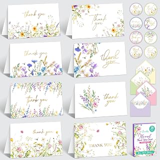 Decorably 24 Pack Gold Foiled 6x4in Floral Thank You Cards with Envelopes and Stickers, 8 Wildflower Designs Wildflower Thank You Cards Floral with Envelopes, Blank Inside - All Occasions