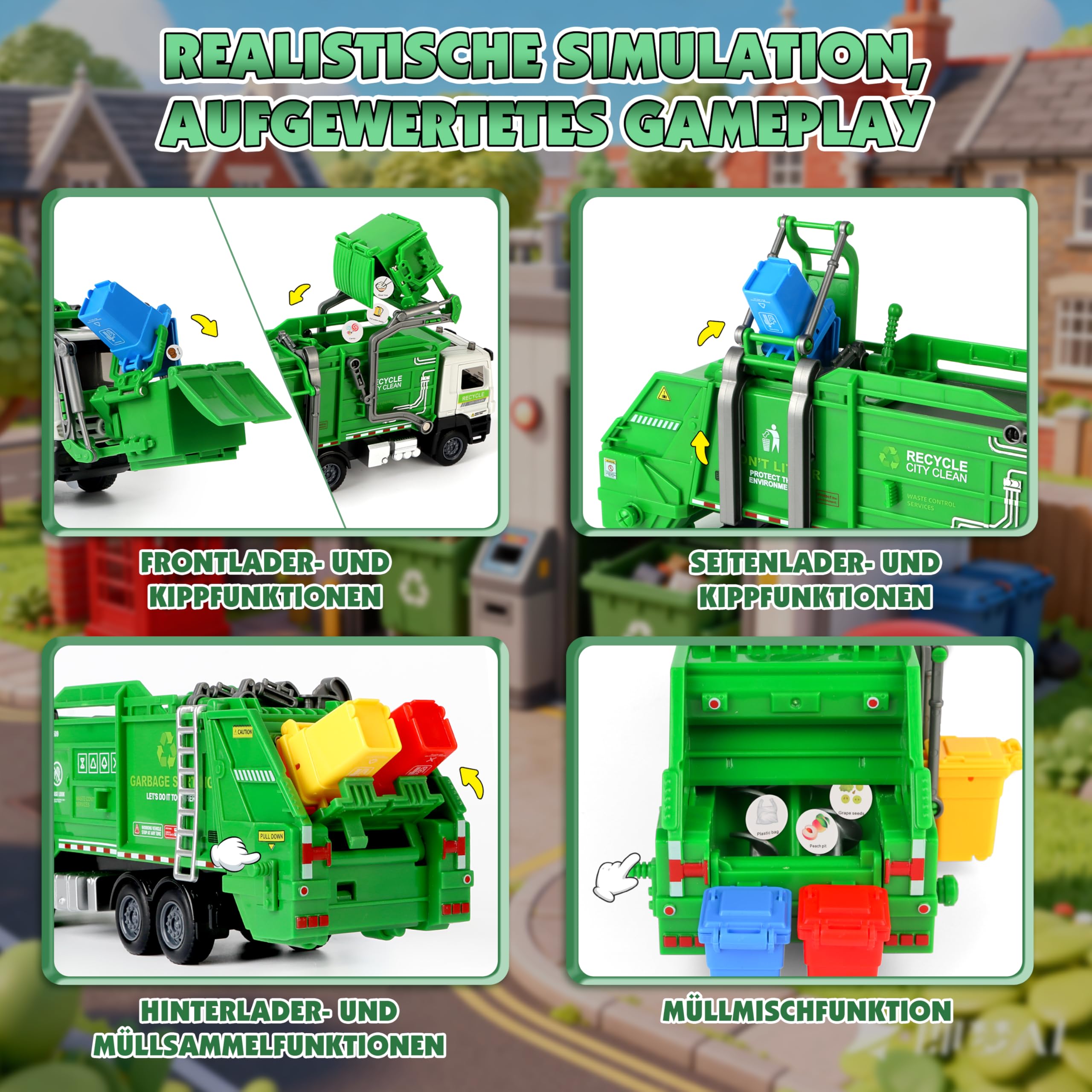 Charmofun Müllwagen Spielzeug, Müllauto Spielzeug mit 6 Mülleimer, 180 Müllkarten, Licht und Sounds, Müllabfuhr Auto Kinder Geschenk für ab 3 Jahren Jungen und Mädchen