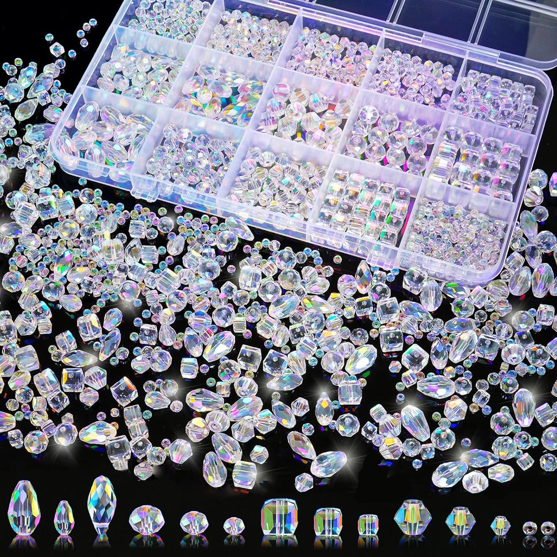 1500 Pcs Crystal Glass Beads for Jewelry Making  12 Styles Bicone, Rondelle, Cube, Teardrop & 3mm Spacer Beads, DIY Bracelet Necklace Earring Craft Kit with Organizer Box(AB Color)
