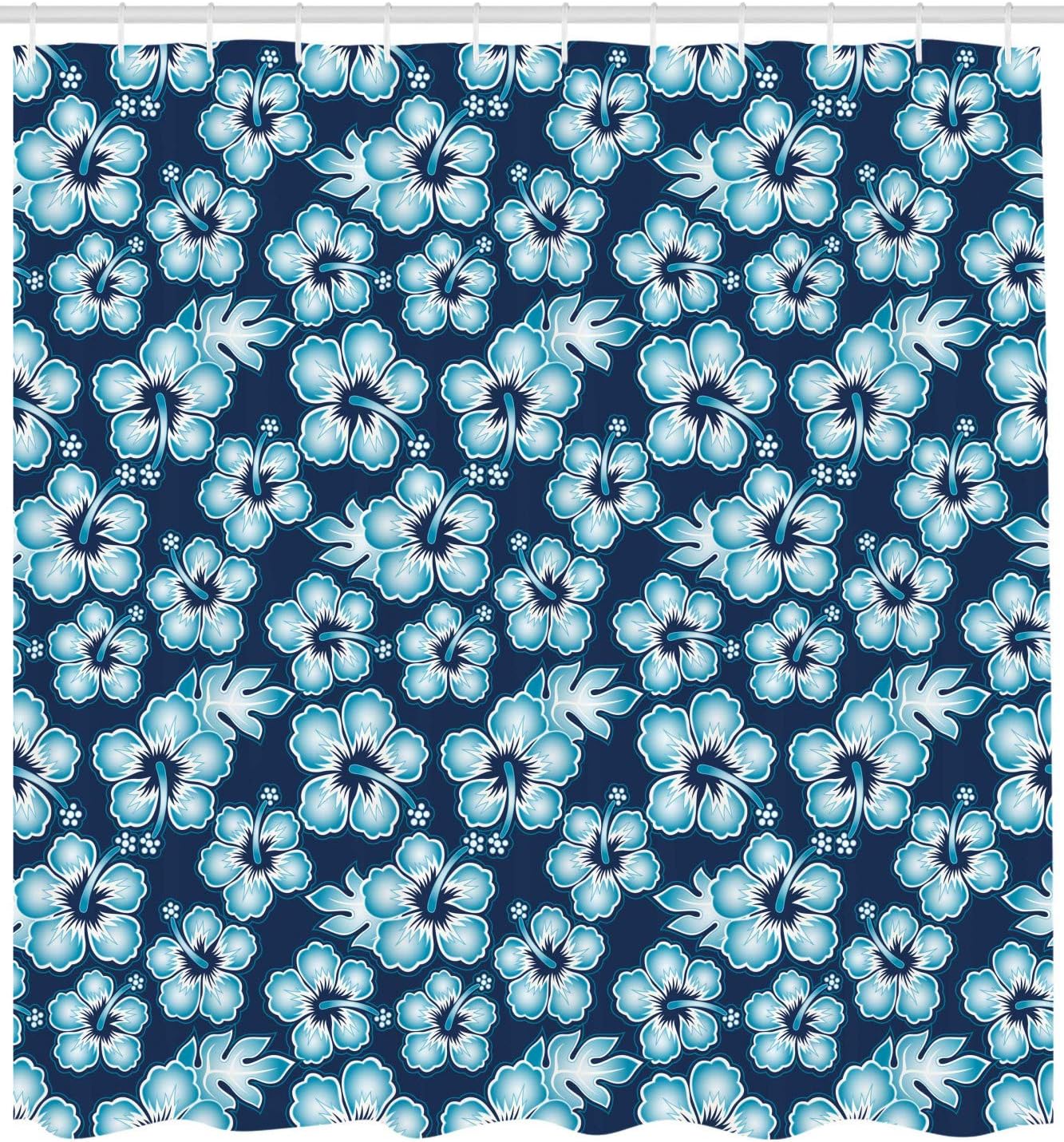 Ambesonne Aloha Shower Curtain, Hibiscus Hawaiian Tropical Island Flowers Petals and Buds Leaves Art Print, Cloth Fabric Bathroom Decor Set with Hooks, 69" W x 70" L, Dark Blue Sky Blue