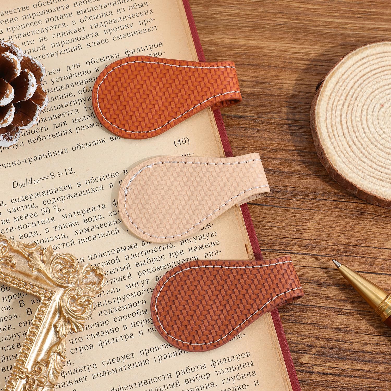 3PCS Vintage Magnetic Leather Bookmark, Leather Magnetic Bookmarks for Women, Magnetic PU Bookmarks Clip Book Accessories, Weave Pattern โ image 1