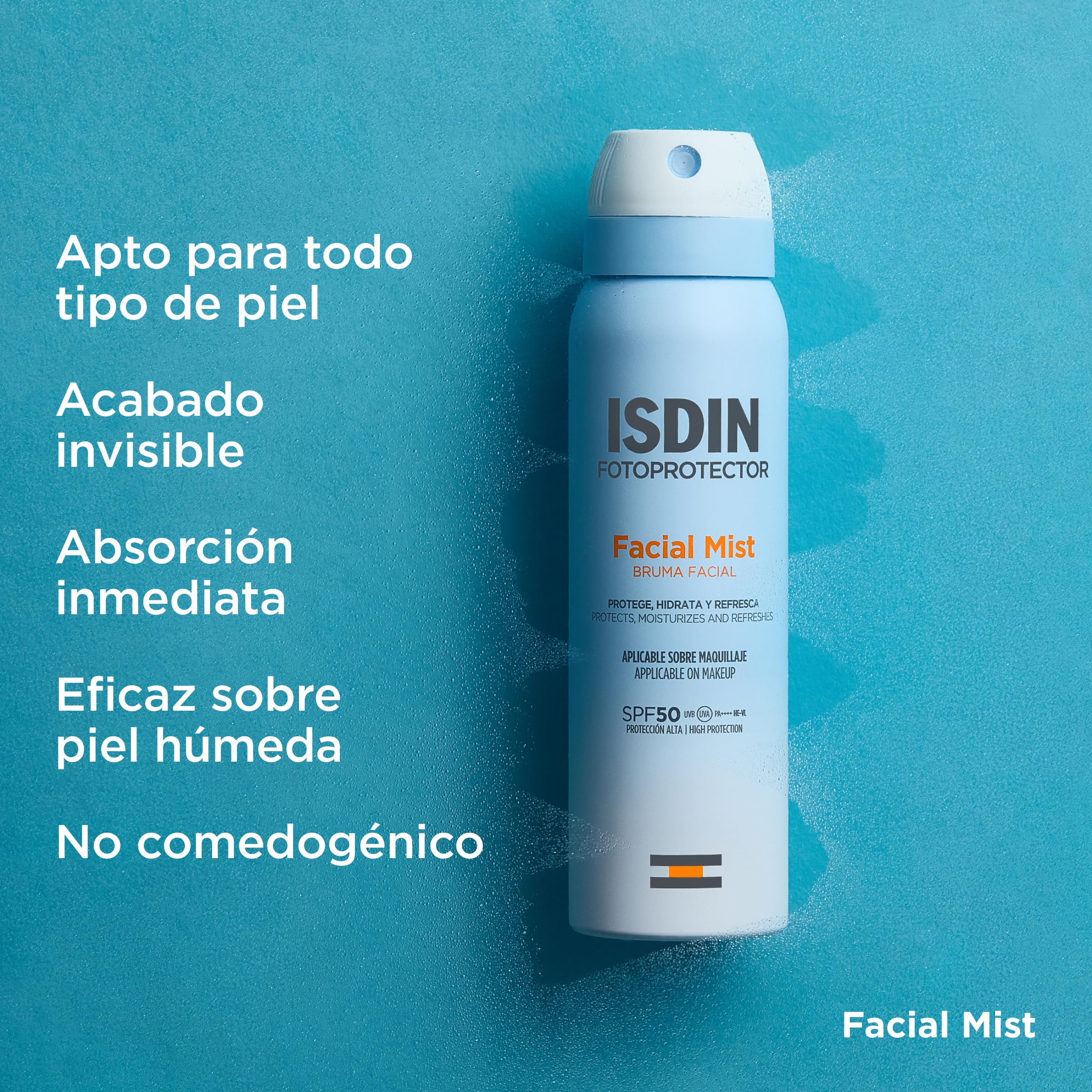 ISDIN Facial Mist SPF 50 (100 ml) | Ultra cienka i niewidoczna mgiełka do twarzy | chroni, nawilża i utrwala makijaż, promienna skóra, odporna na działanie wody, odpowiednia dla skóry wrażliwej
