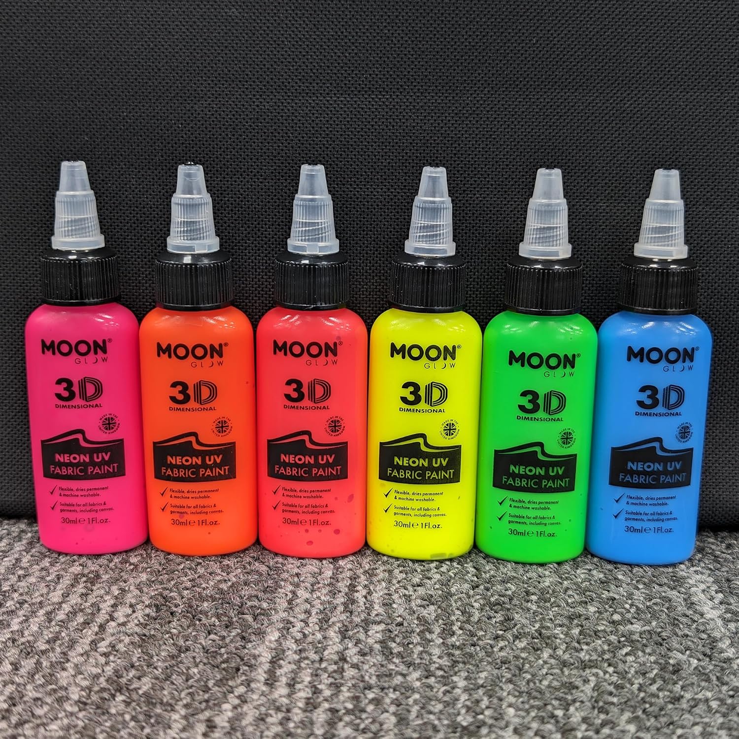 Moon Glow - Neon UV 3D Fabric Paint - 30ml - Textile paint for clothes, t-shirts, bags, shoes & canvas (Set of 6)