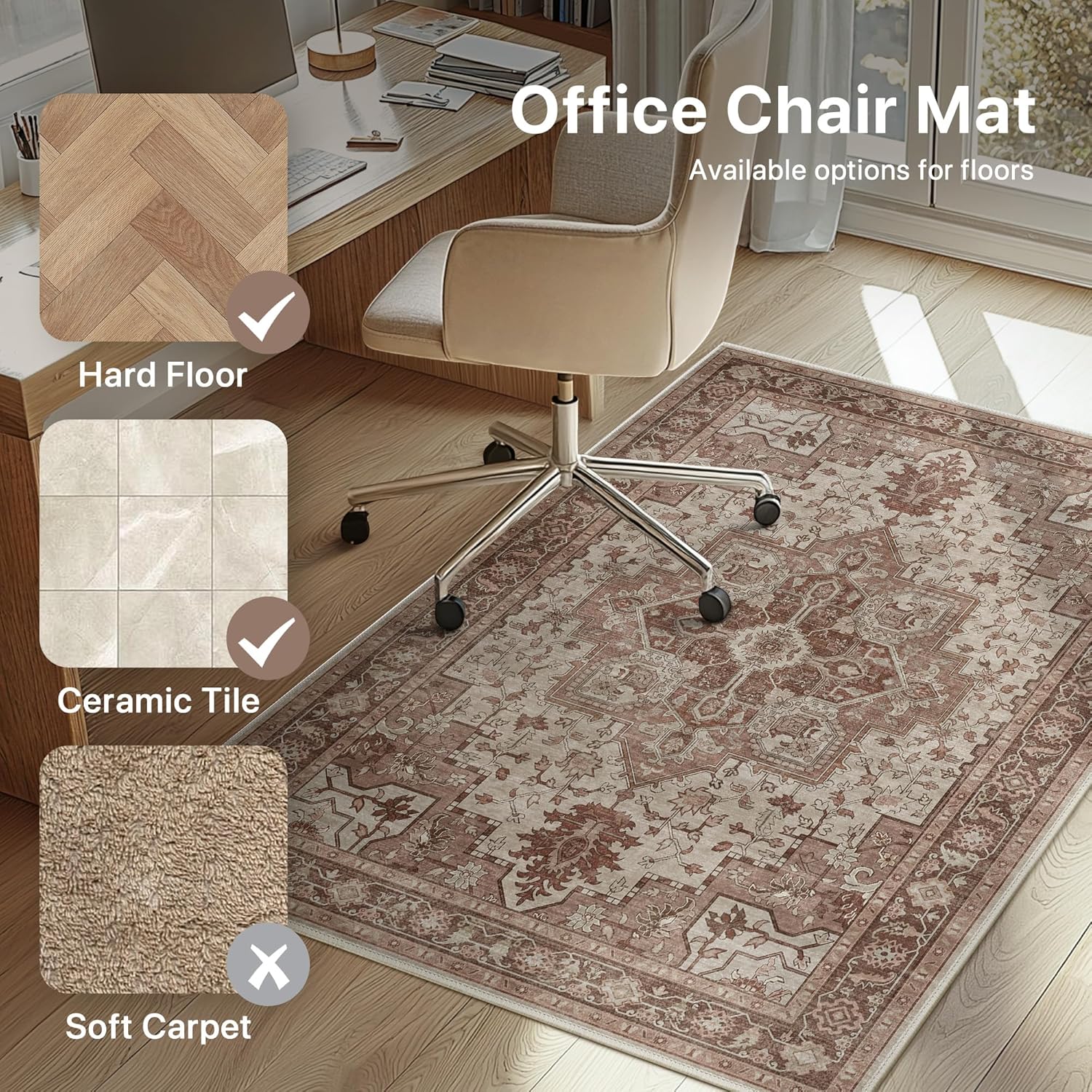 48"x60" Office Chair Mat for Hardwood Tile Floor, Under Desk Carpet Protector for Rolling Computer Chair Mat, Machine Washable Area Rug, Anti-Slip 1/5" Thick Low Pile Thin Vinyl Floor Mat, Brown Red