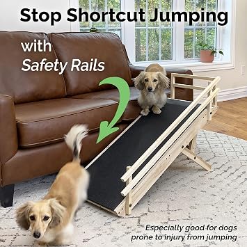 DoggoRamps Dog Ramp for Couch with Safety Rails - Adjustable from 14 to 21 with Anti-Slip PAWGRIP & Convenient Platform Top - for Small Dogs up to 150lbs - Made of Solid Hardwood in North America