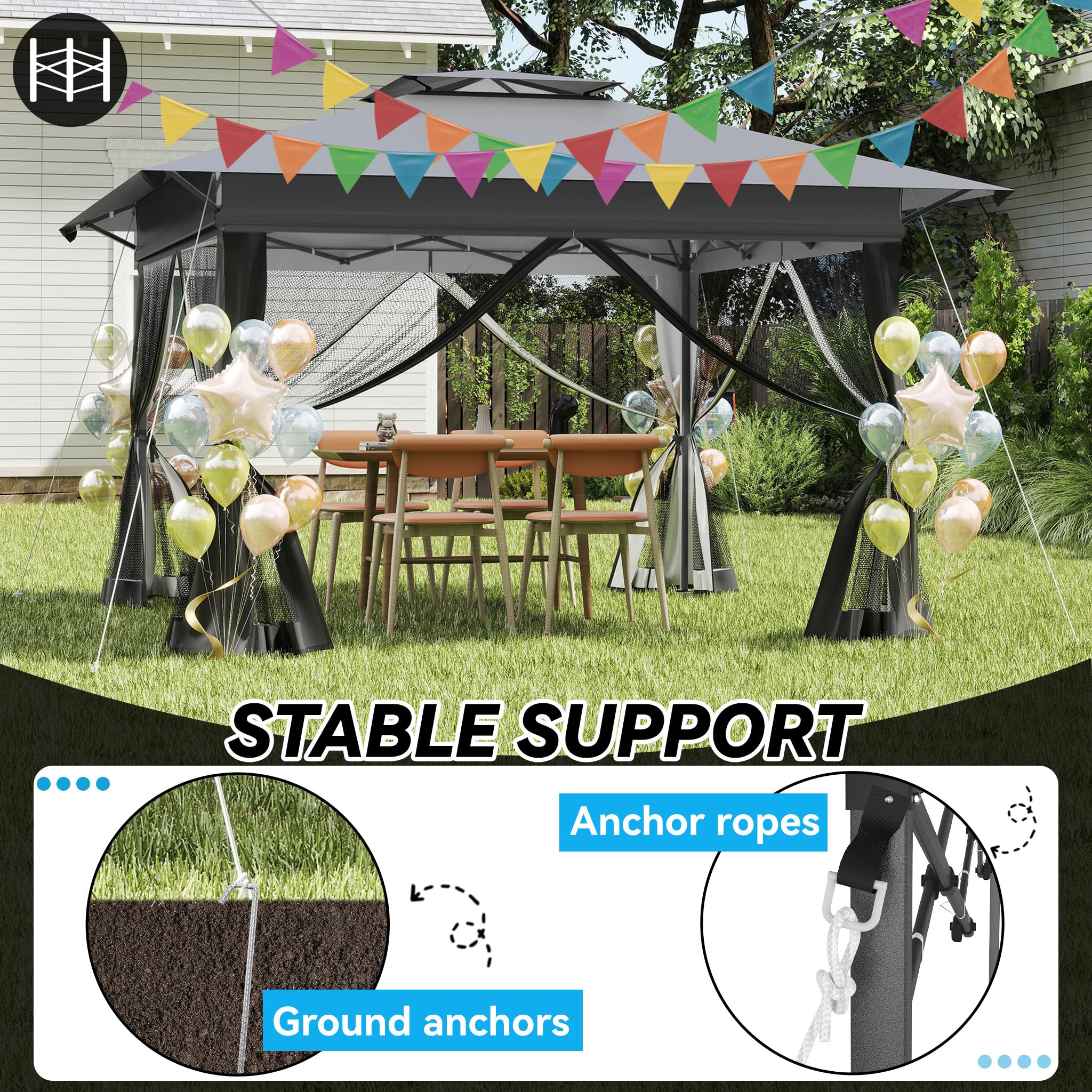 3x3m Gartenpavillon, Pop-up Gartenlauben mit 4x4m Doppeldach & 4 Moskitonetzen & Tragetasche mit Rollen, 3-Stufen Höhenverstellbar Faltpavillon für Garten Grillpartys (Anthrazit)