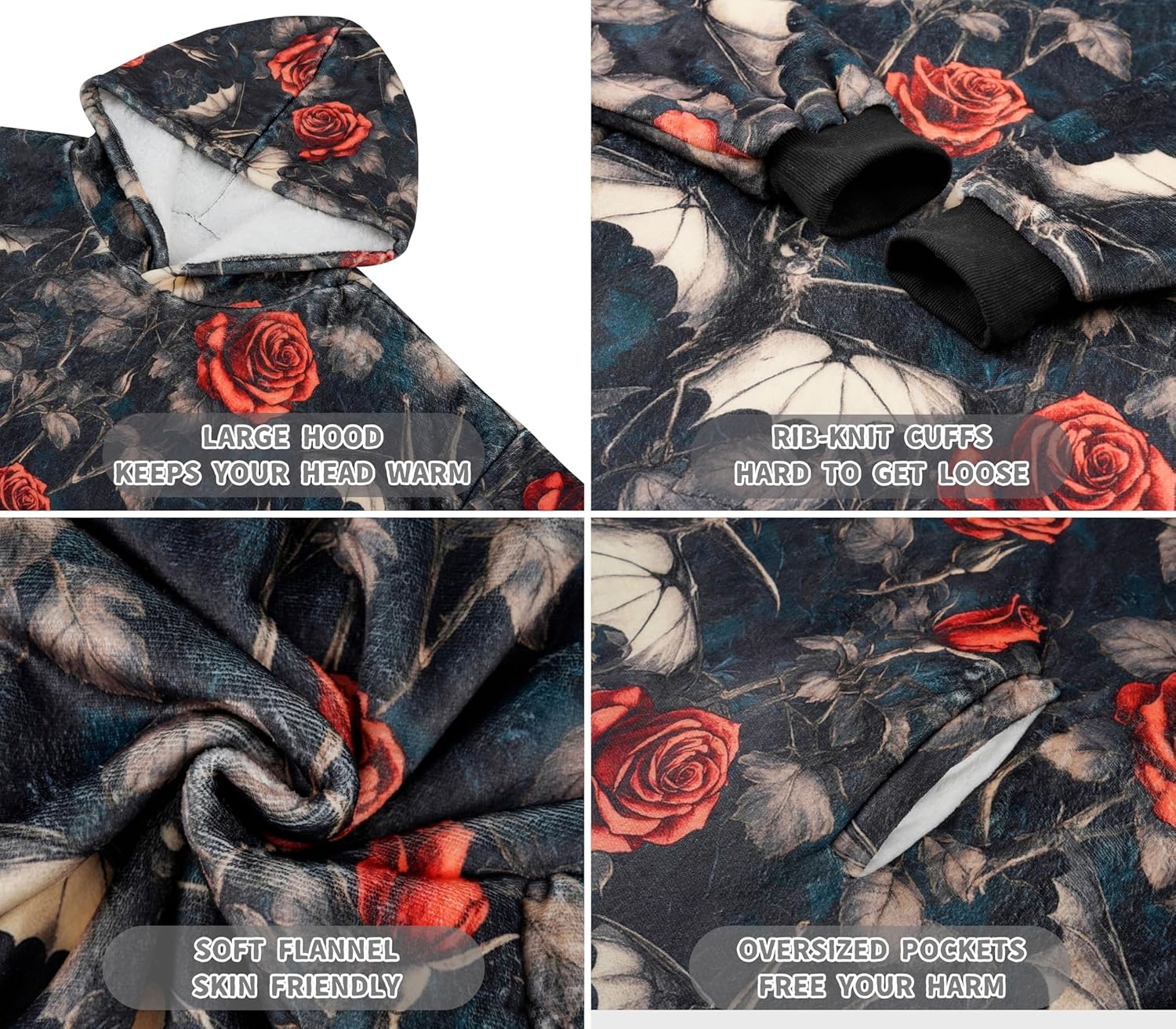 Goth Gifts for Women, Wearable Flannel Blanket Hoodie, Gothic Blanket for Girls on Birthday, Halloween, Christmas, Soft Warm Cozy with Two Large Pocket, Rose - Image 2