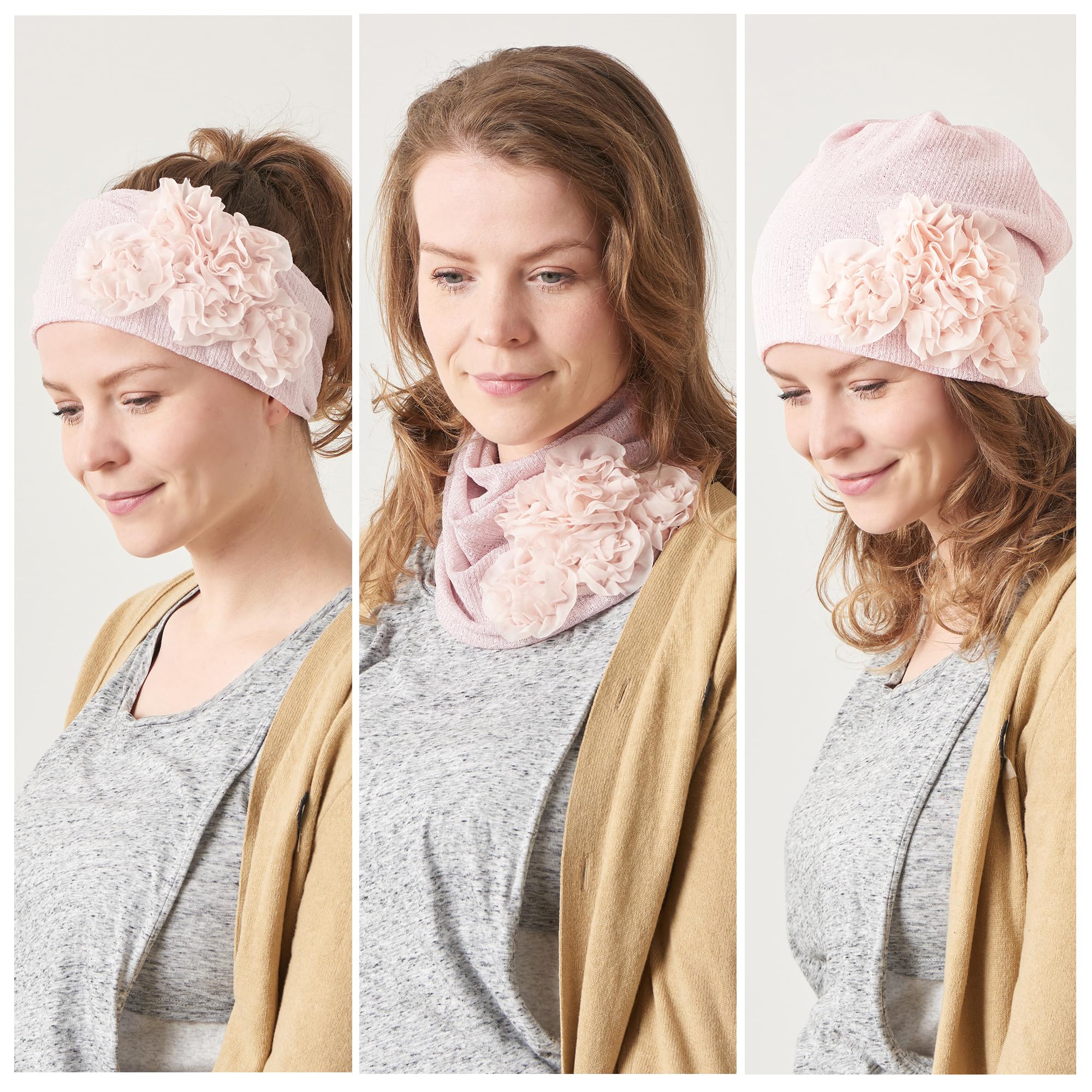 CHARM Damen 3 in 1 Multifunktionstuch - Beanie Mütze Stirnband Halstuch Loop Schal mit Blumenapplikation Sommer Winter