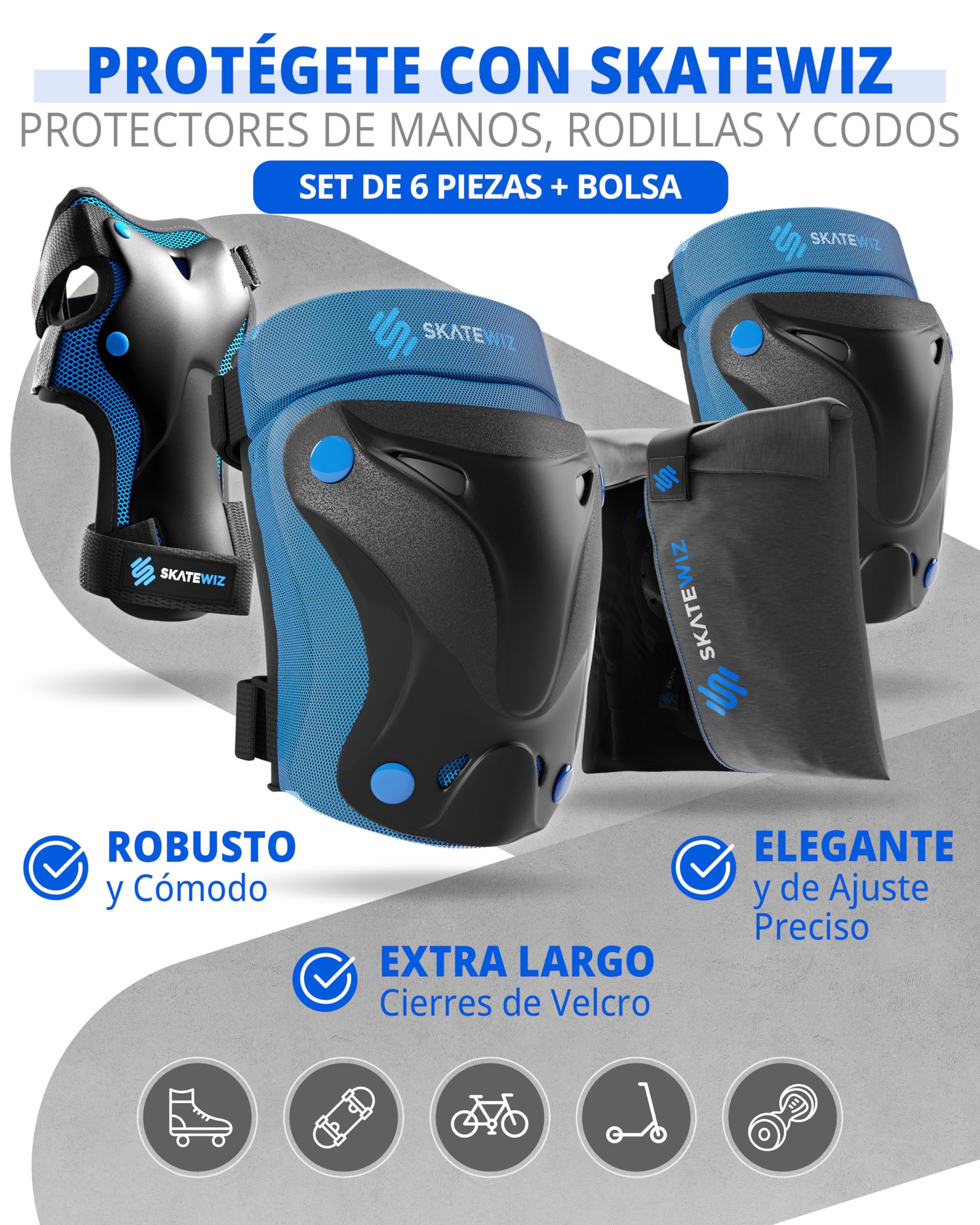 SKATEWIZ Protecciones Patinaje 6 piezas Rodilleras Coderas Niños Adultos