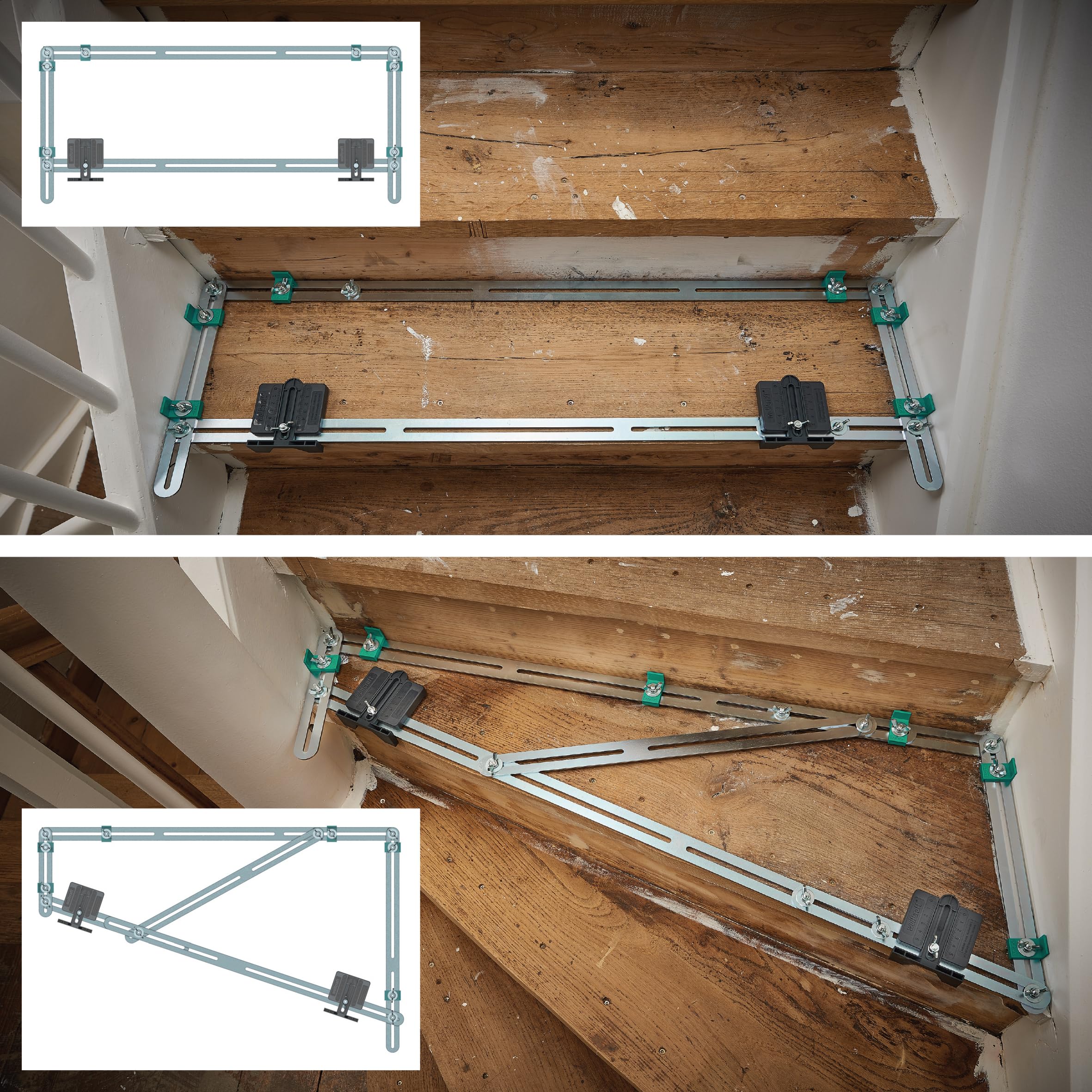 wolfcraft Treppenlehre – Winkelmesser & Schablone für Treppenbau | Treppenspinne & Winkelschmiege kombiniert – für Wendeltreppen, Dehnungsfugen & Materialzugaben – Metall, Made in EU - 5210000
