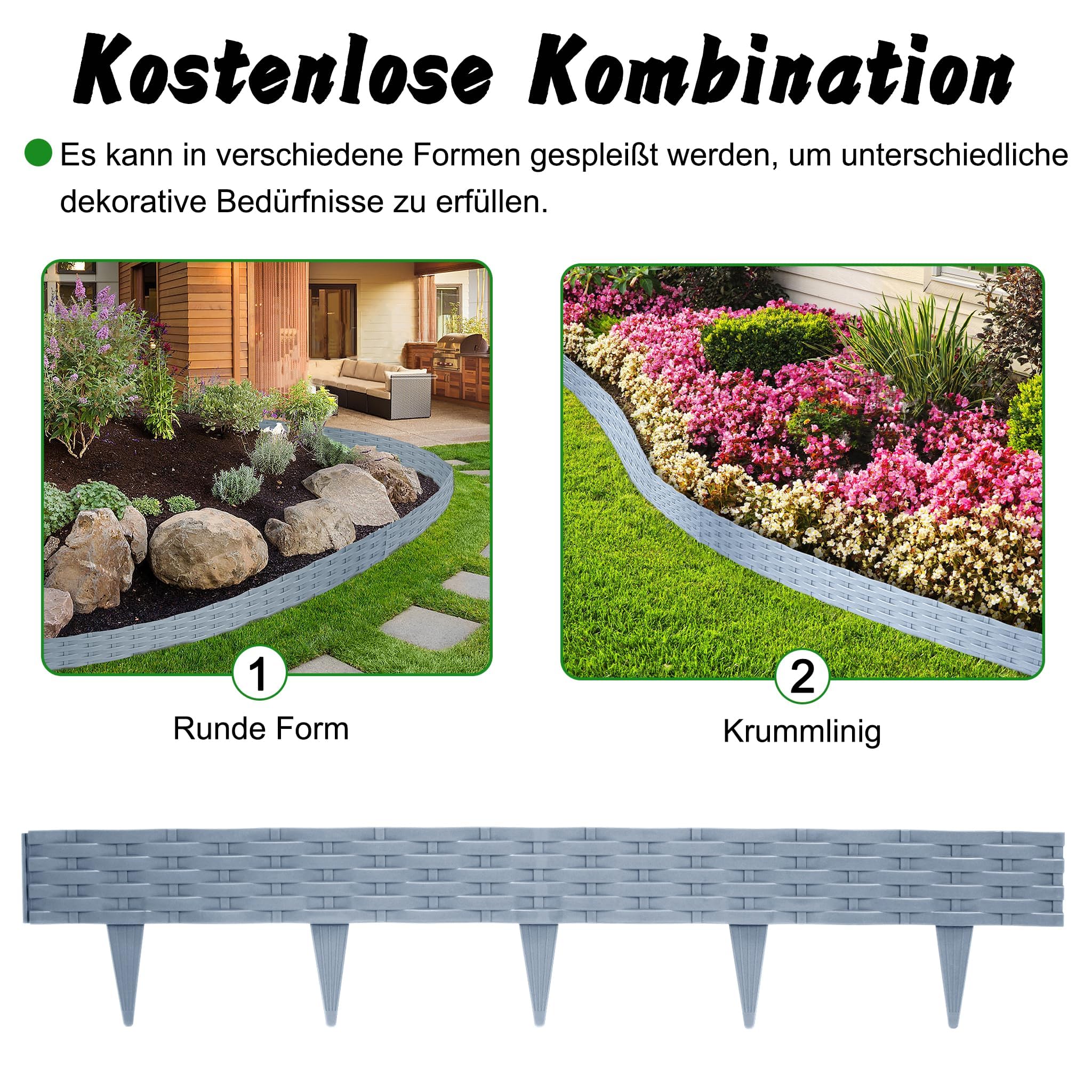 LZQ Bordo per aiuole, in plastica, pieghevole, 15 m, motivo palizzate, con 15 elementi da 100 cm, colore: grigio