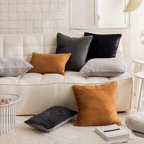 Miniatura 7 de Demetex Fundas de almohada de piel negra de 12 x 20 pulgadas, almohadas decorativas modernas de felpa para sofá, fundas de almohada lumbares