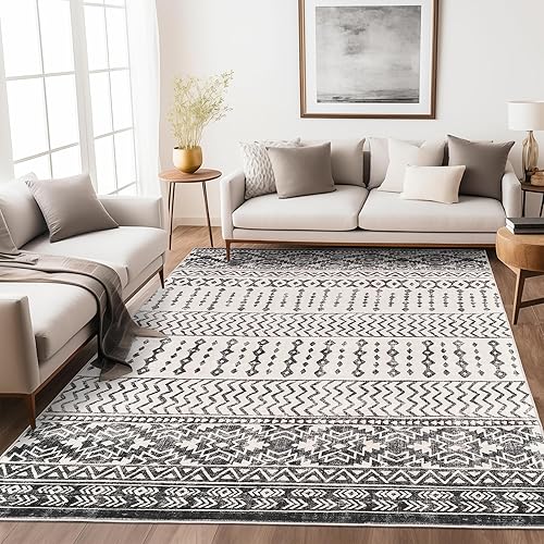 Art&Tuft Area Rug 5x7, Super Soft Ultra-Thin Moroccan Washable Anti-Slip Backing Rugs for Living Room, Foldable, Geometric, Machine Washable (5'x7', Black)