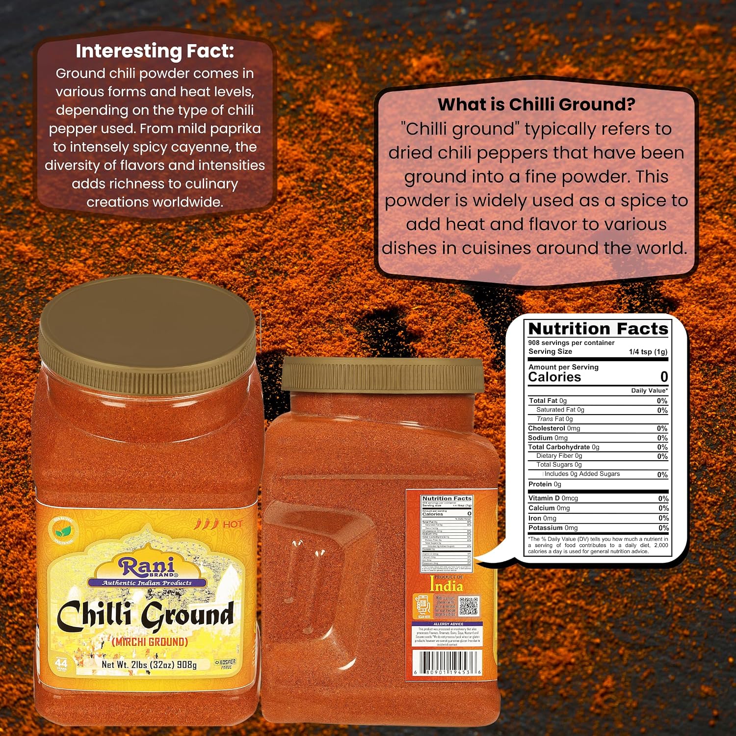 Rani Chilli Powder (Mirchi) Ground Indian Spice 32oz (2lbs) 908g Bulk PET Jar ~ All Natural | Salt-Free | Vegan | No Colors | Gluten Friendly | NON-GMO | Kosher | Indian Origin image 2