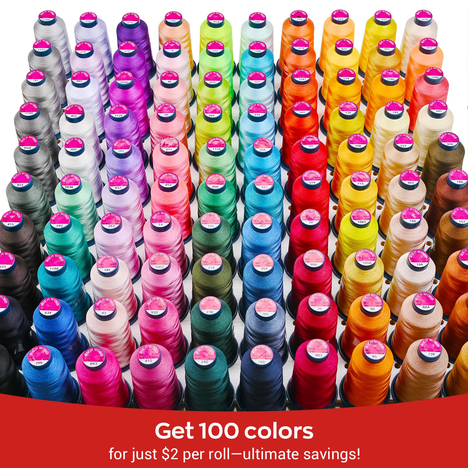Richword Embroidery Machine Thread 100 Colors 40WT (108D/2) Polyester Thread Kit Each Spool 4000M (4374Y) Suitable for Embroidery Machines and Sewing Machines