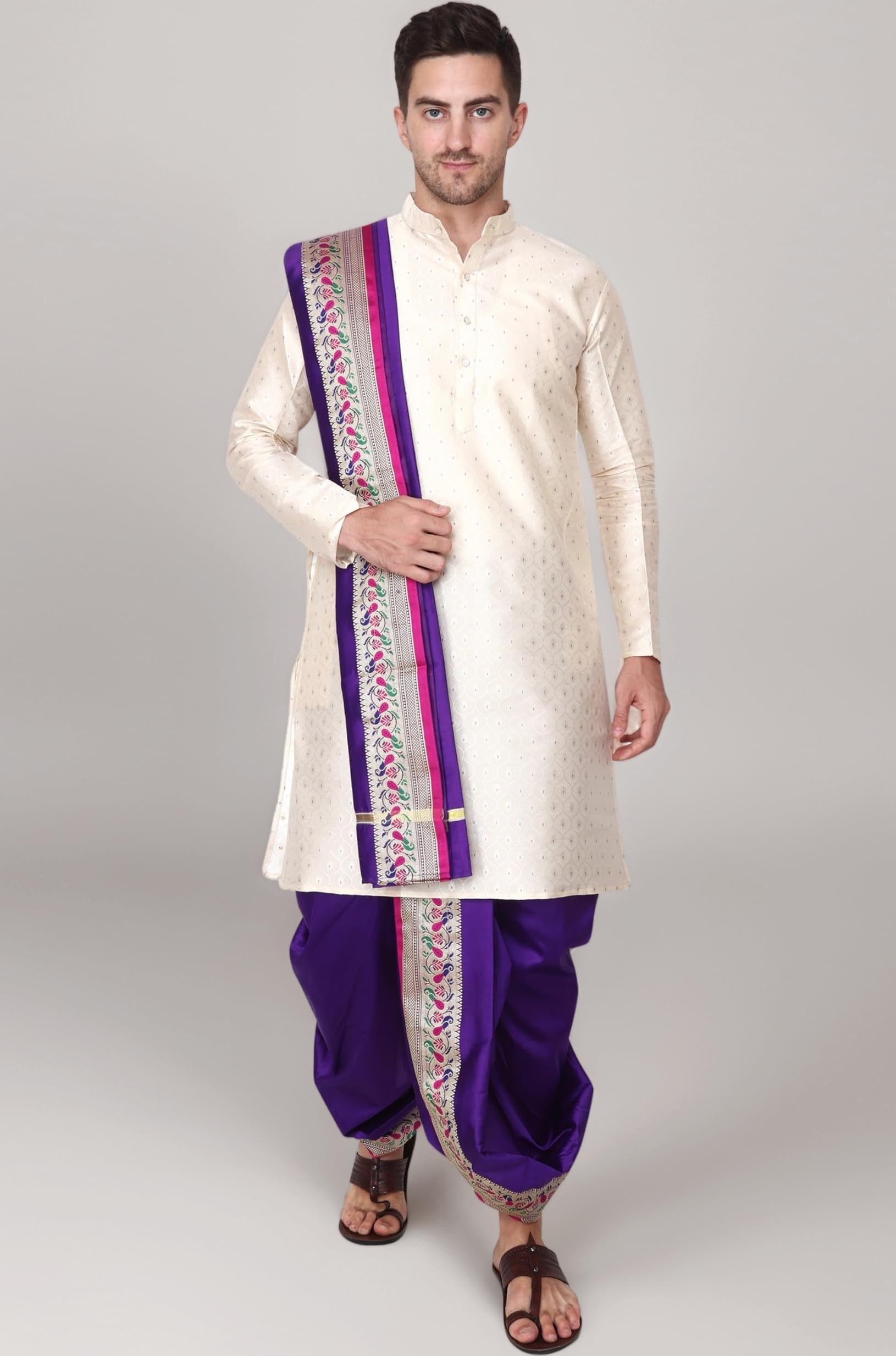 Rameshwaram Fabrics Menโs Sherwani Style Dhoti Kurta Set with Angavastram | Traditional Indian Groom Dress | Ethnic Kurta Set for Wedding, Engagement, Festival
