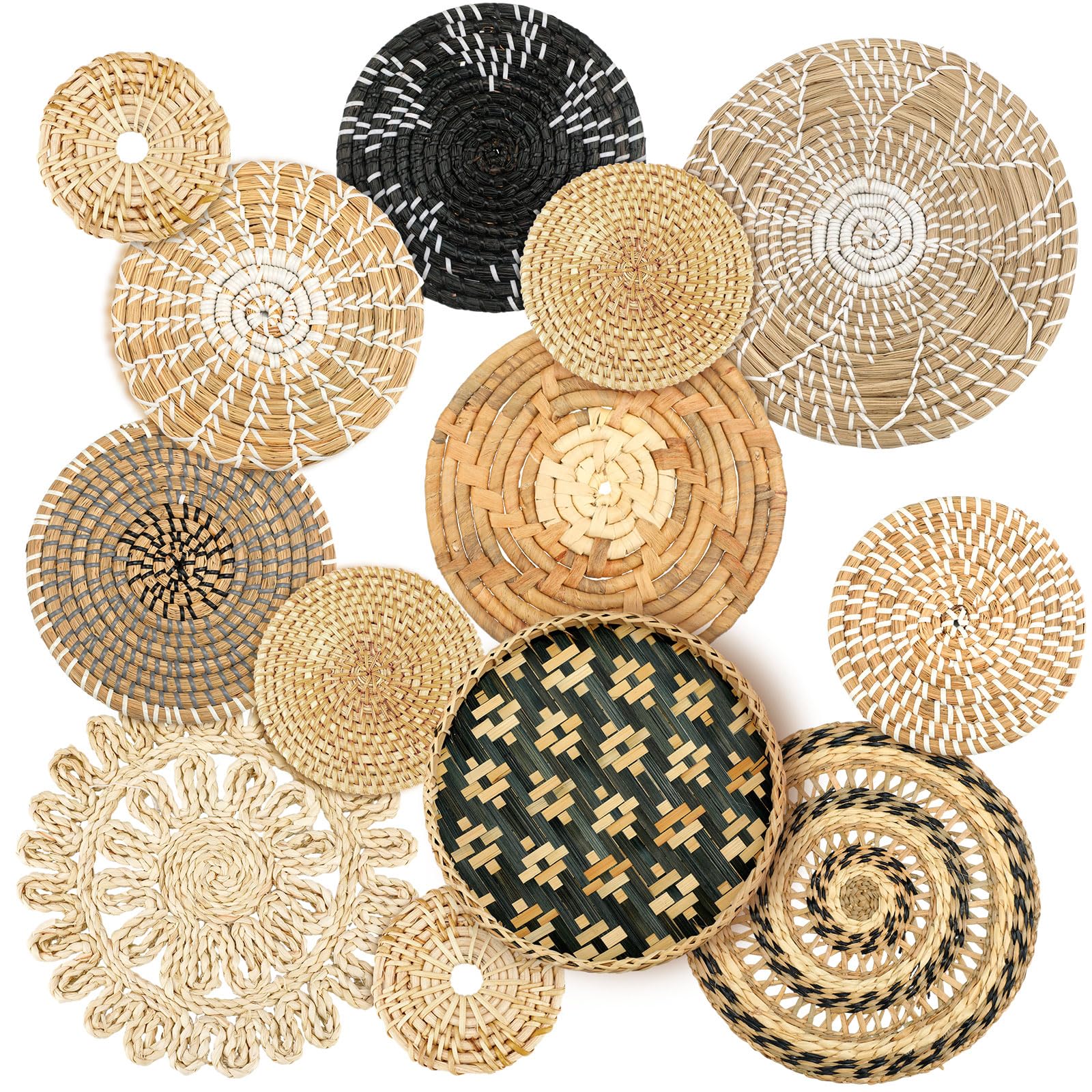 Glenmal Set of 11 Boho Wall Basket Decor Woven Rattan Bamboo Seagrass Wall Baskets Decor Handmade Boho Wall Hanging Decor for Bedroom Living Room Dining Room Office Ready to Hang with Nails (Retro)