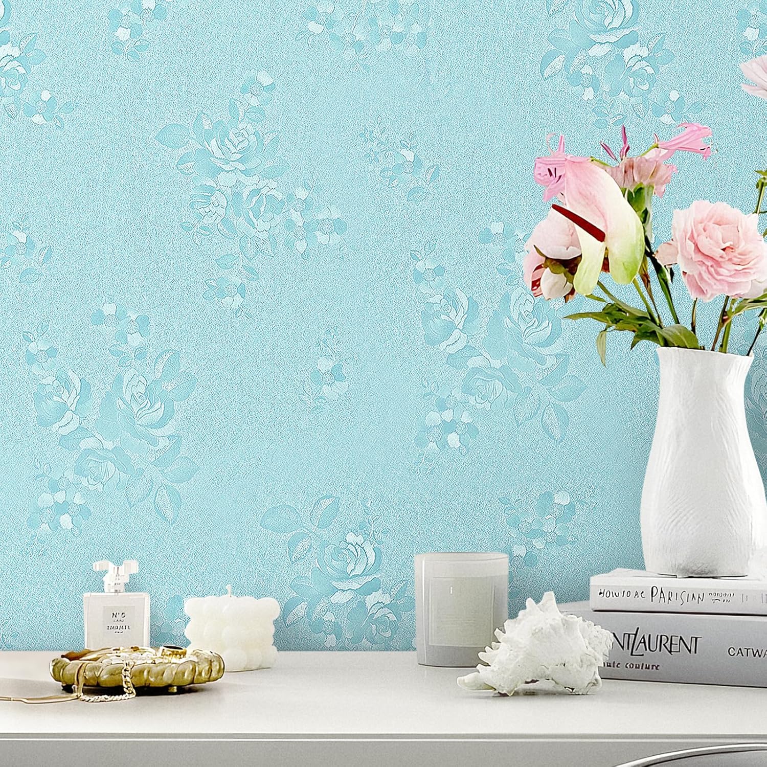 YENHOME Light Blue Floral Wallpaper Peel and Stick Prepasted Rose Floral Peel and Stick Wallpaper 17.7"X200" Blue Renter Friendly Wall Paper Decorative Contact Paper for Cabinets Shelves Walls