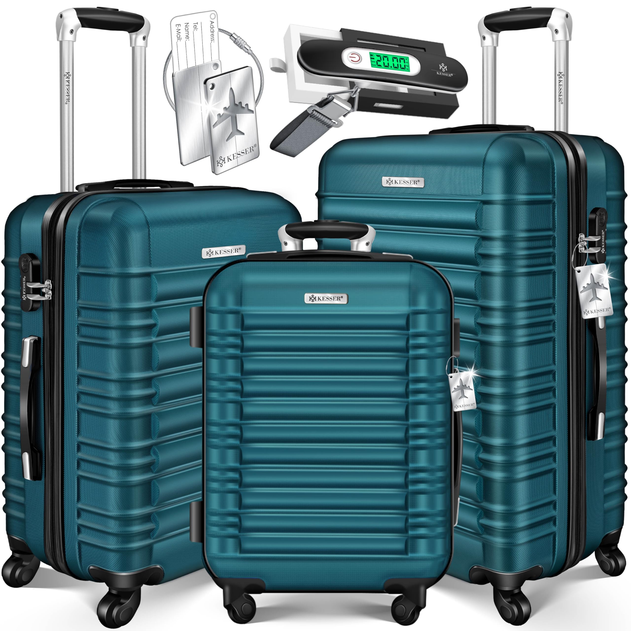 KESSER® Set di 3 valigie rigide, set di valigie da viaggio, set di valigie trolley, incl. bilancia per bagagli + etichetta per bagagli, chiusura per valigie rotolanti, manico telescopico M-L-XL