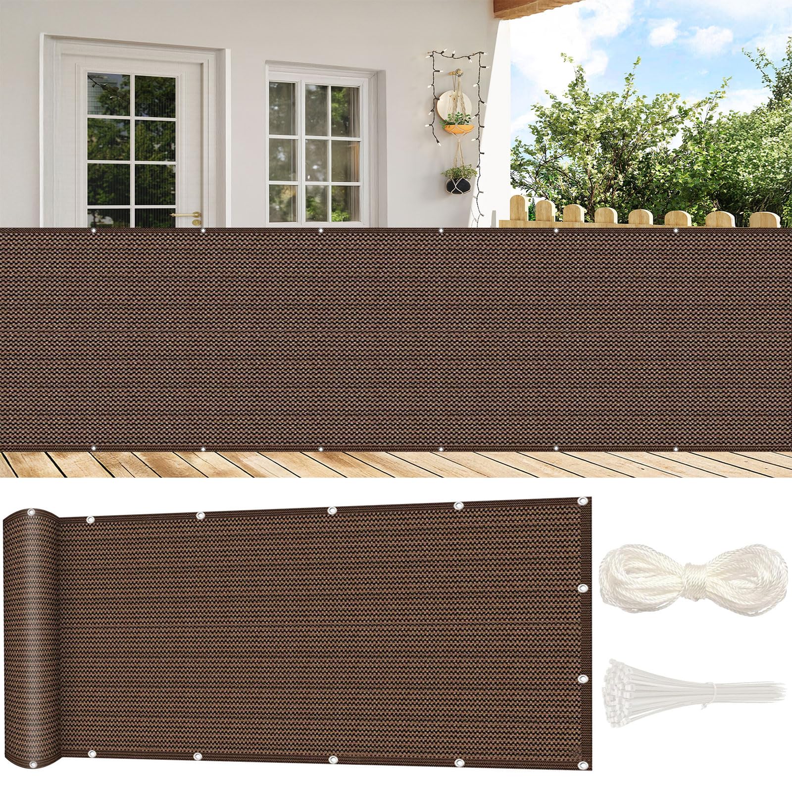 GUOJUN Frangivisto Balcone 95 x 500 cm HDPE Breathable Anti-UV Antivento Frangi-Vista Frangivento con Occhielli Fascetta per Giardino Terrazza Esterno, Marrone