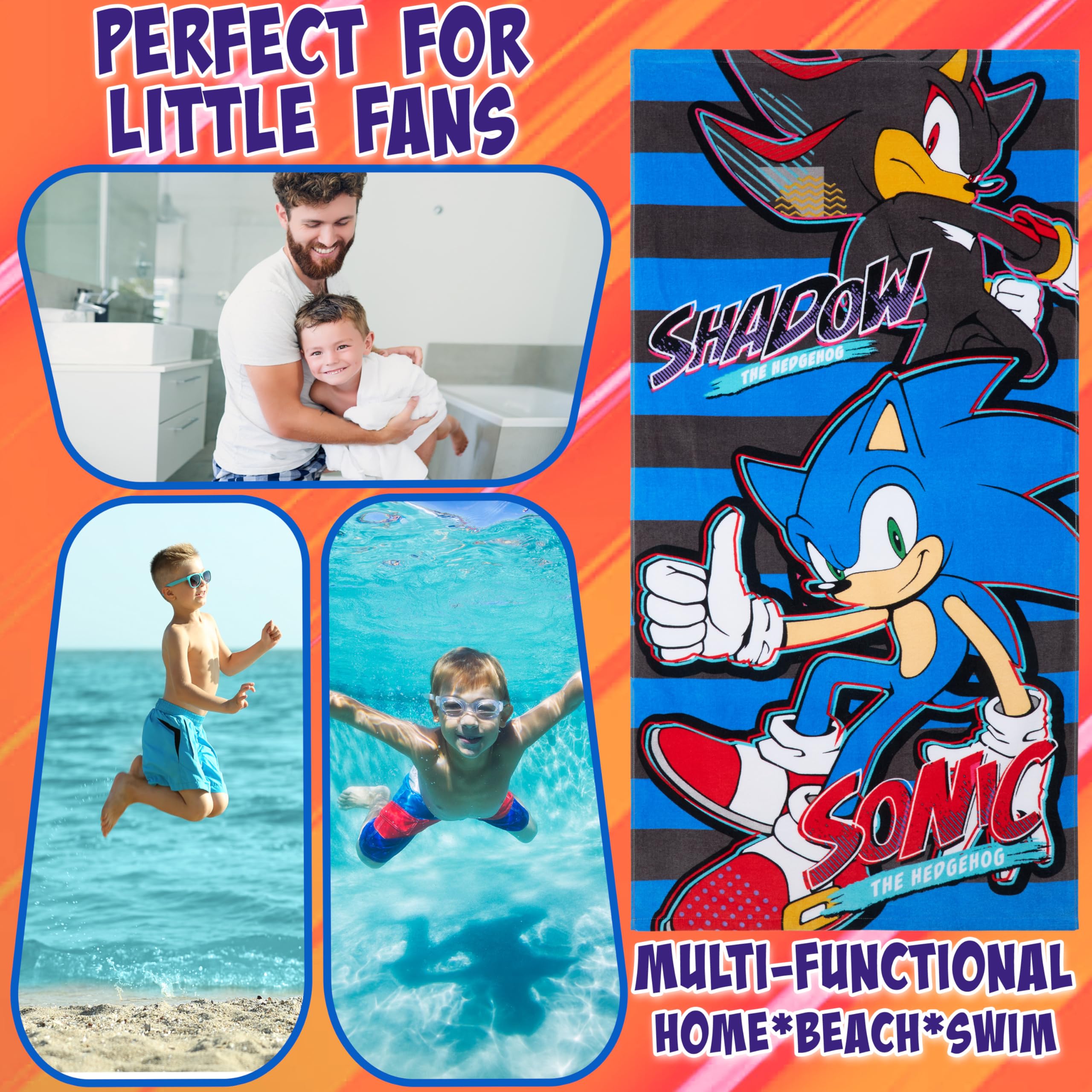 SONIC THE HEDGEHOG Toalla Piscina Niña Niño y Adolescente Toallas Baño Grandes Toallas Algodon Ducha Playa Secado Rápido 140x70cm (Multi, 70x140cm)