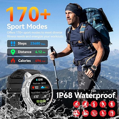 Miniatura 5 de KPEP GPS Military Smart Watches for Men with 2 Straps, 1.43" AMOLED, LED Flashlight, IP68 Waterproof Smartwatch, Make & Answer Calls, 170+ Sports