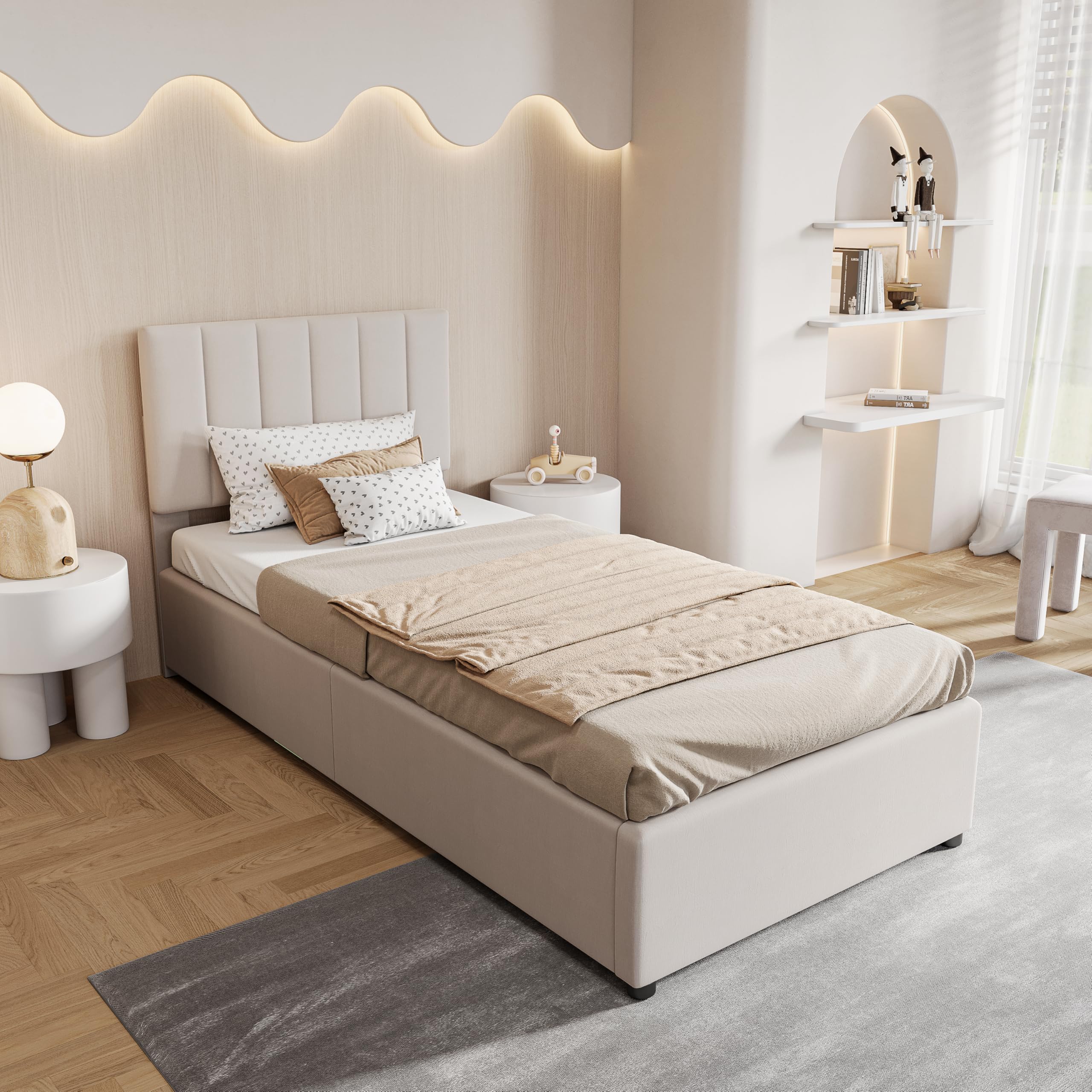 BRILVERDE Eenpersoonsbed 90x200 met opbergruimte, gestoffeerd bed met hoofdeinde, bedframe met lattenbodem, bedframe voor jongeren (beige, 90 x 200 cm BRILVERDE Eenpersoonsbed 90x200 met opbergruimte, gestoffeerd bed met hoofdeinde, bedframe met lattenbodem, bedframe voor jongeren (beige, 90 x 200 cm