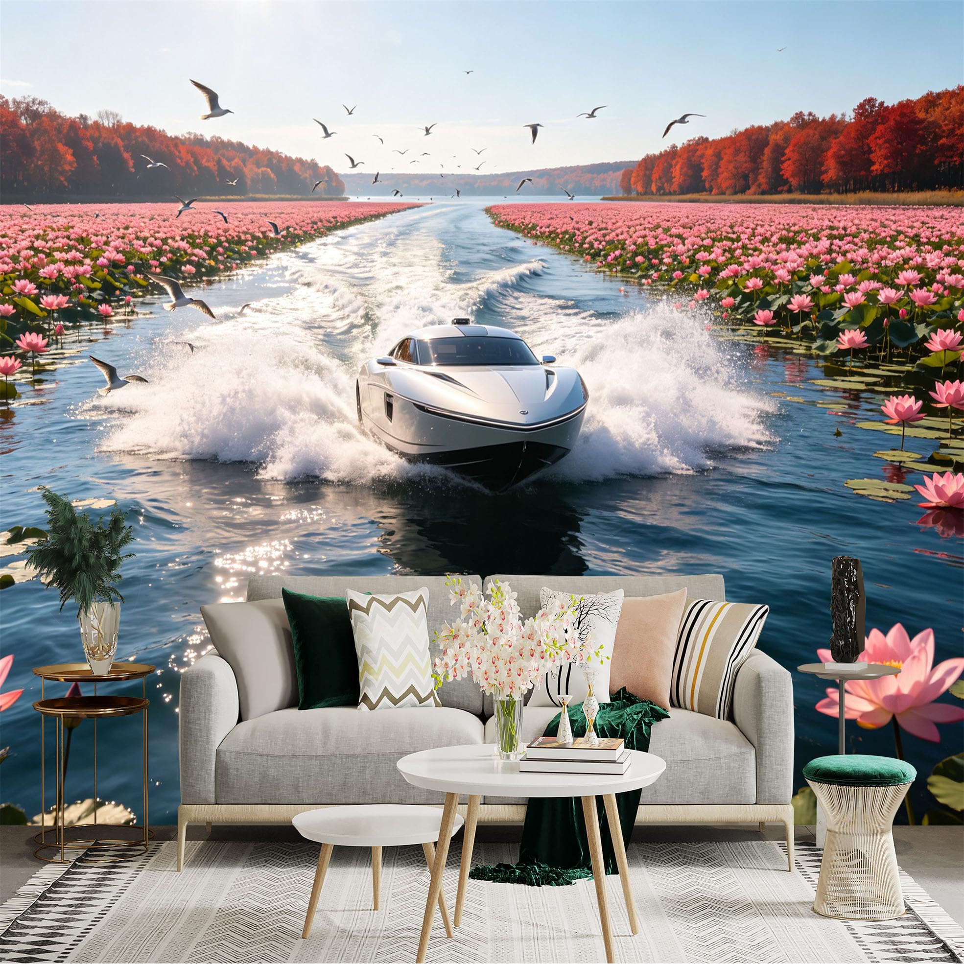 Custom Size Wall Sticker Mural， Modern Speedboat on Lotus Lake， Autumn Forest Scenery， Flying Seagulls， for wall Decoration， peelandstick wall Decals.