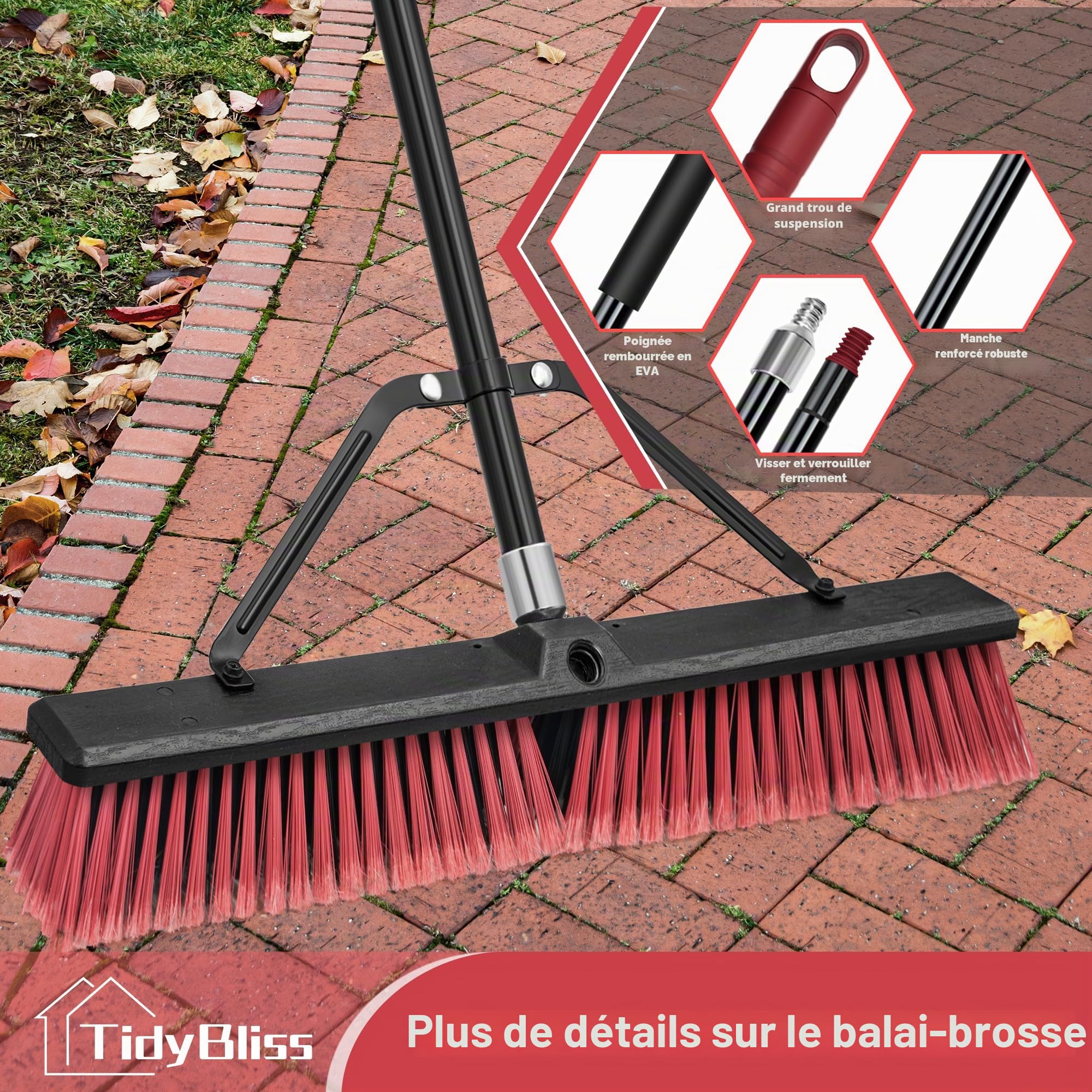 TidyBliss 60 cm Balai Brosse Exterieur, Grande Brush Commerciale à Poils Durs avec Manche Long de 160 cm pour Garage, Atelier, Jardin, Cour, Terrasse, Rue, Entrepôt, Pelouse, Allée (Rouge)