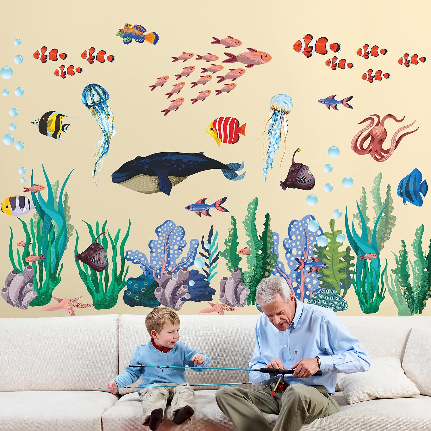 Creative Removable 3D Under The Sea Wall Sticker Ocean Life Coral Grass Wall Decal Peel and Stick Fish Sea Turtle Whale Wall Decor for Kids Bedroom Bathroom Nursery Living Room Wall Corner Decoration (A) image 4