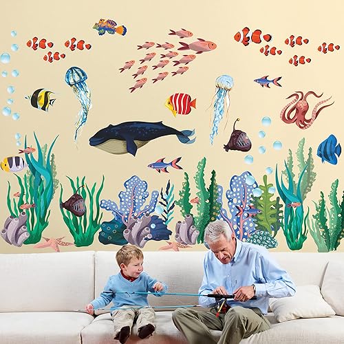 Miniatura 10 de RW - 6794 - Adhesivo de pared extraíble 3D bajo el mar con vista al mar, calcomanías de pared de algas marinas coral océano, murales para despegar y