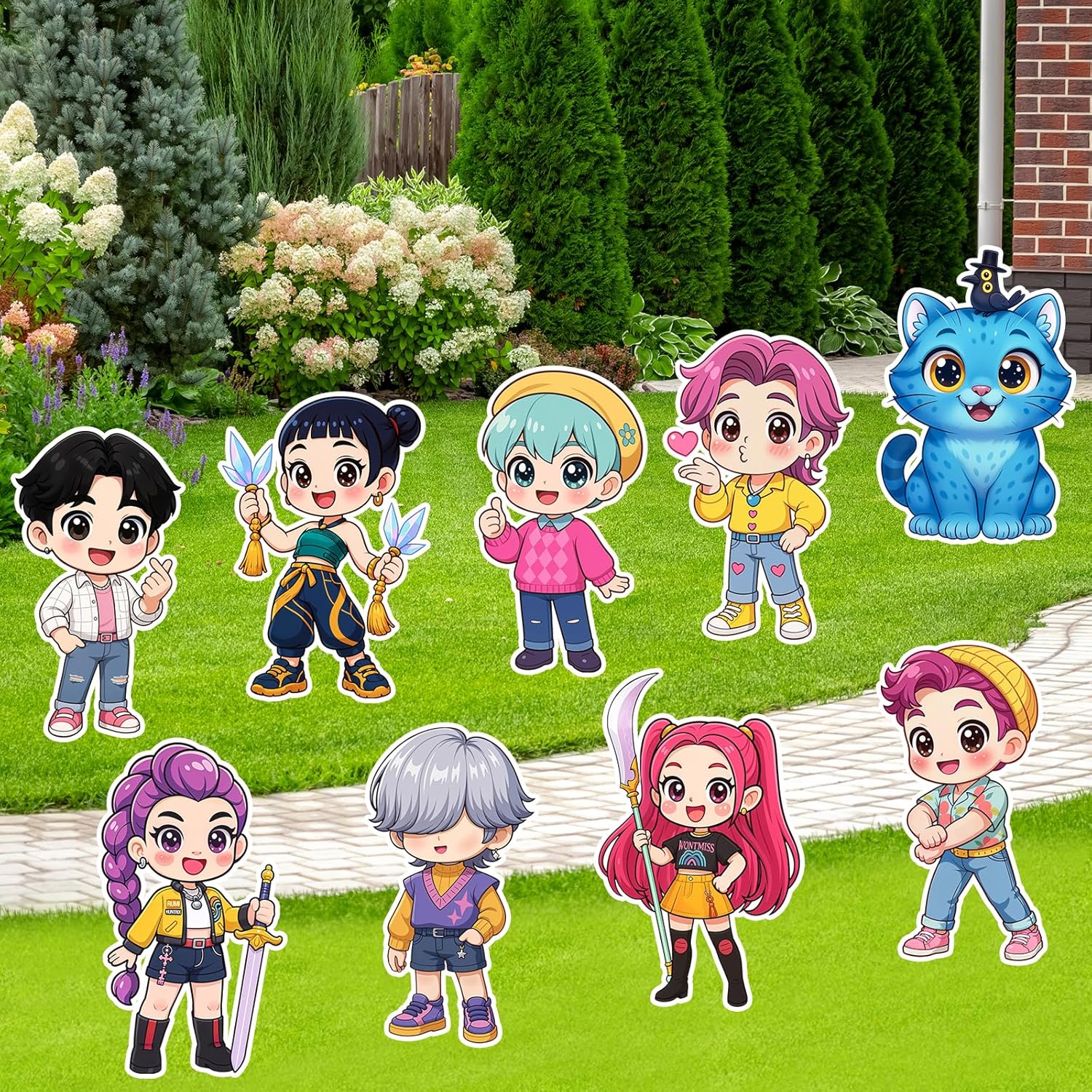 Demon Hunters Birthday Decorations, 9PCS Yard Signs with Stakes, Outdoor Lawn Party Decor, Yard Signs for Boys Girls Kpop Party Supplies