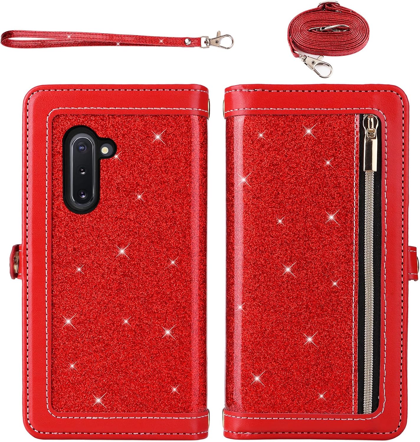 Asuwish Phone Case for Samsung Galaxy Note 10 5G Zipper Wallet Detachable Cell Cover with Tempered Glass Screen Protector Strap Bling Glitter Flip Card Holder Note10 Notes 10s Ten Not S10 Women Red