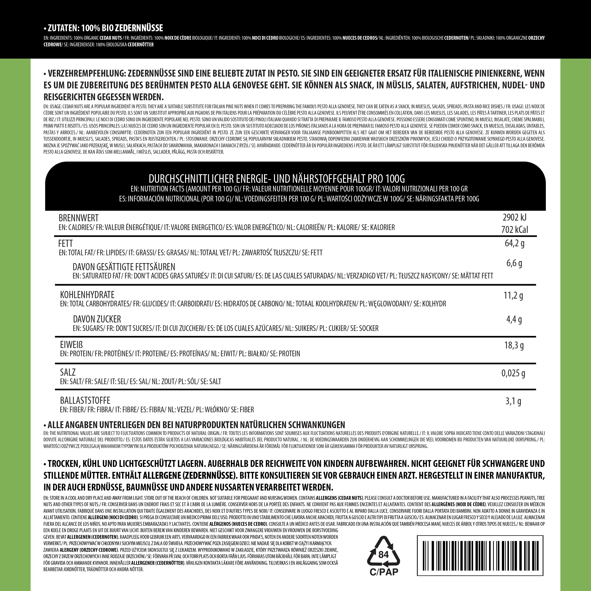 BIO Zedernkerne (1kg), Zedernnüsse geschält aus kontrolliert biologischem Anbau, laborgeprüft, Bio Zedern Kerne ganz 100% rein und naturbelassen